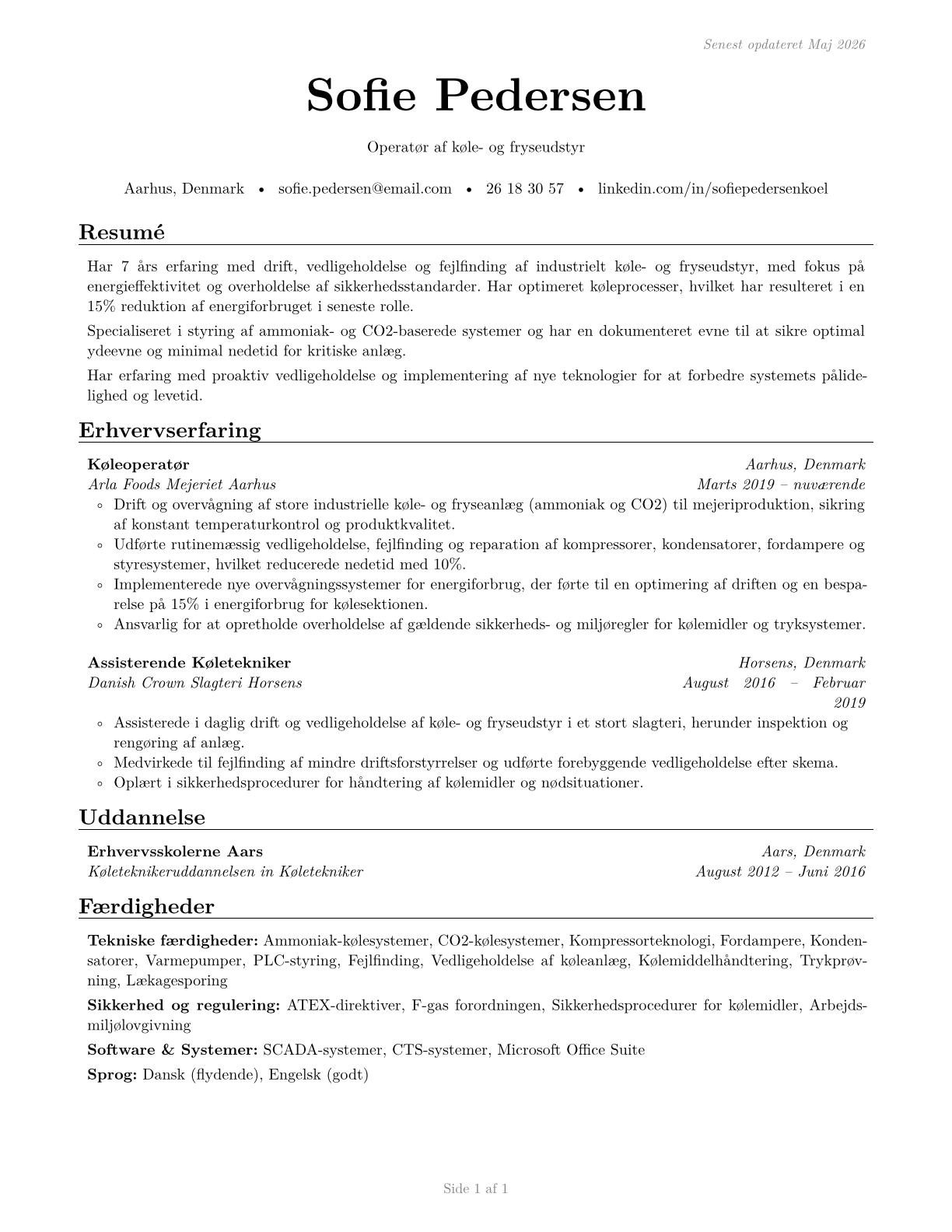 Cooling and Freezing Equipment Operators and Tenders CV in Danish — page 1