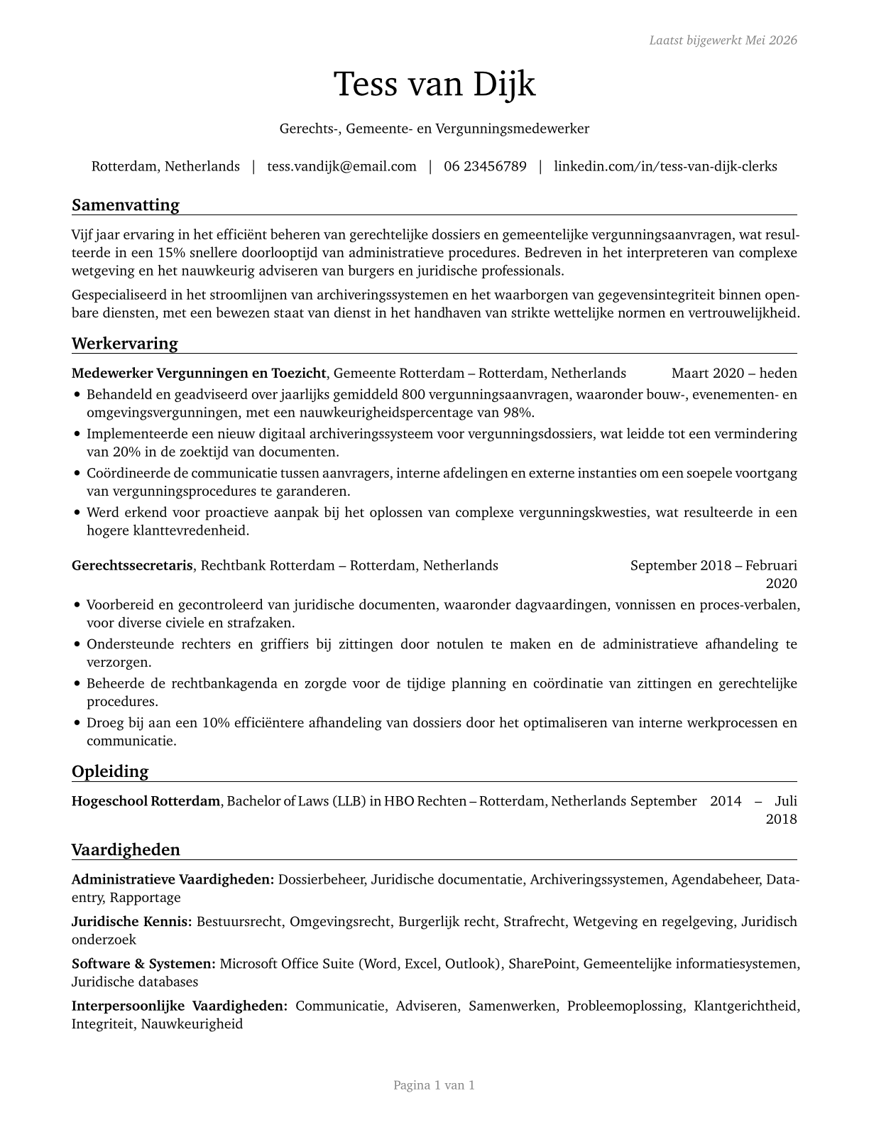 Court, Municipal, and License Clerks CV in Dutch — page 1