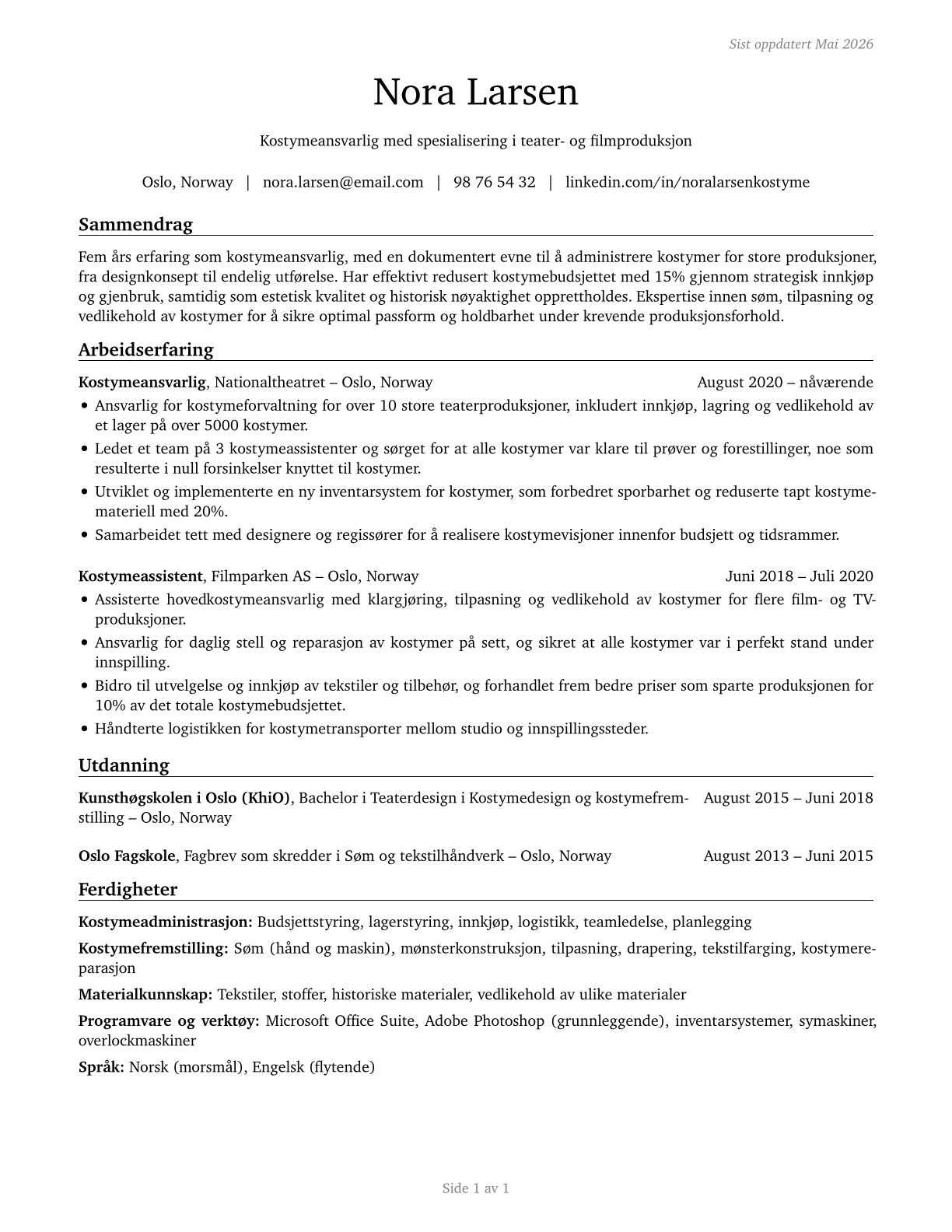 Costume Attendants CV in Norwegian_bokmal — page 1