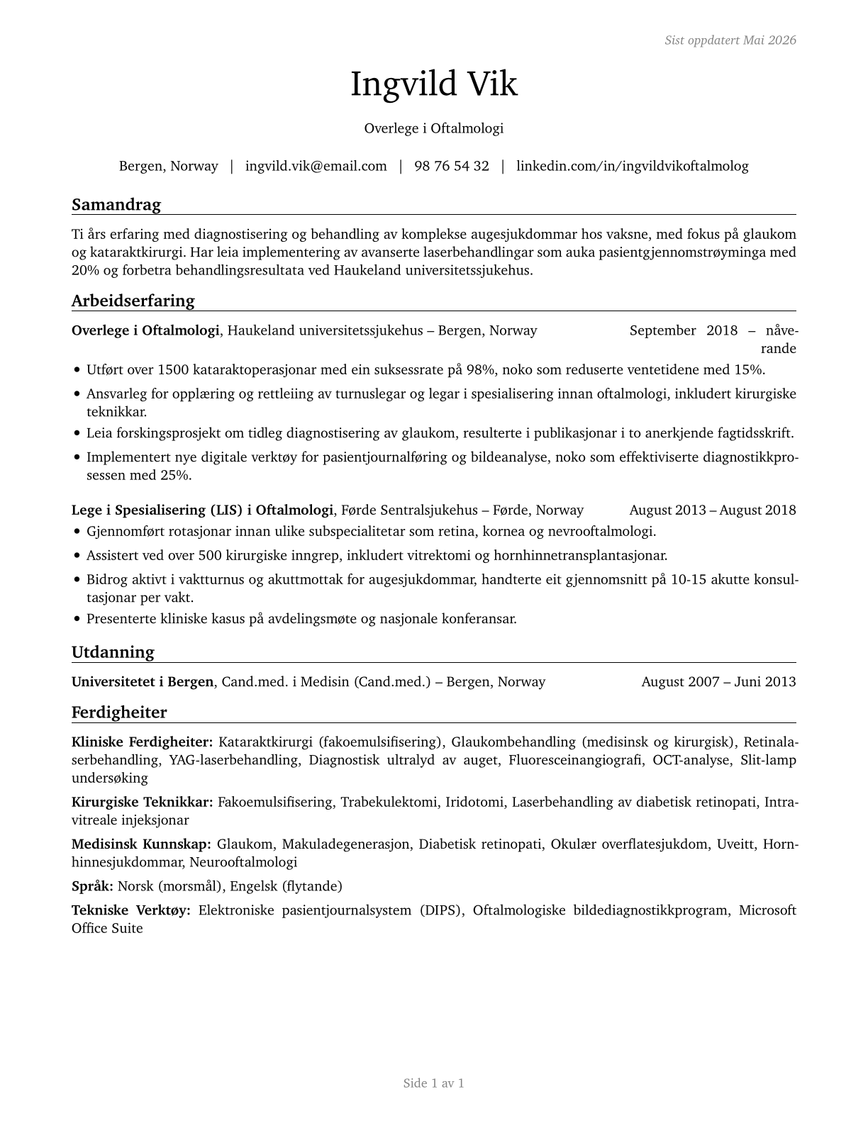 Ophthalmologists, Except Pediatric CV in Norwegian_nynorsk — page 1