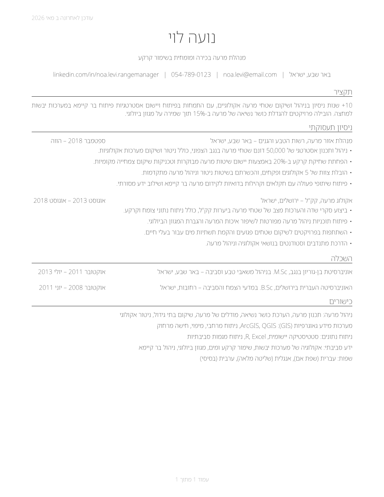 Range Managers CV in Hebrew — page 1