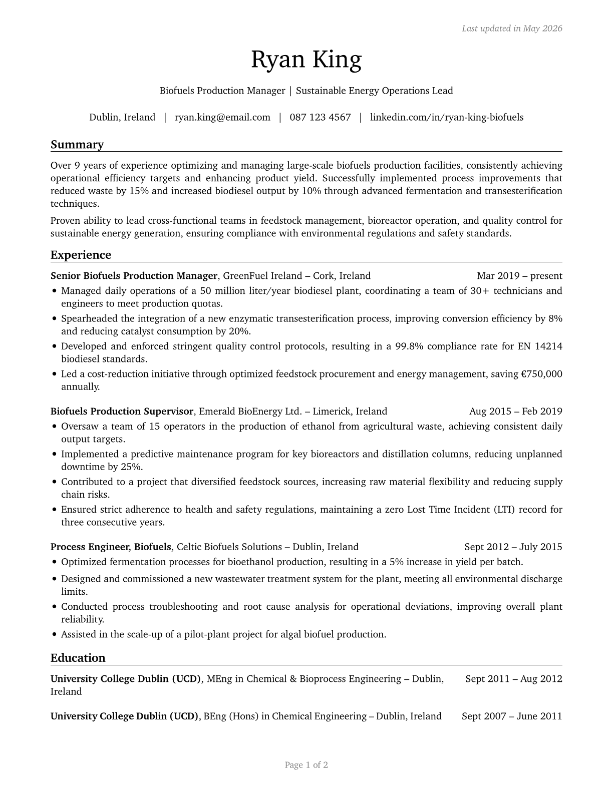 Biofuels Production Managers CV in English — page 1