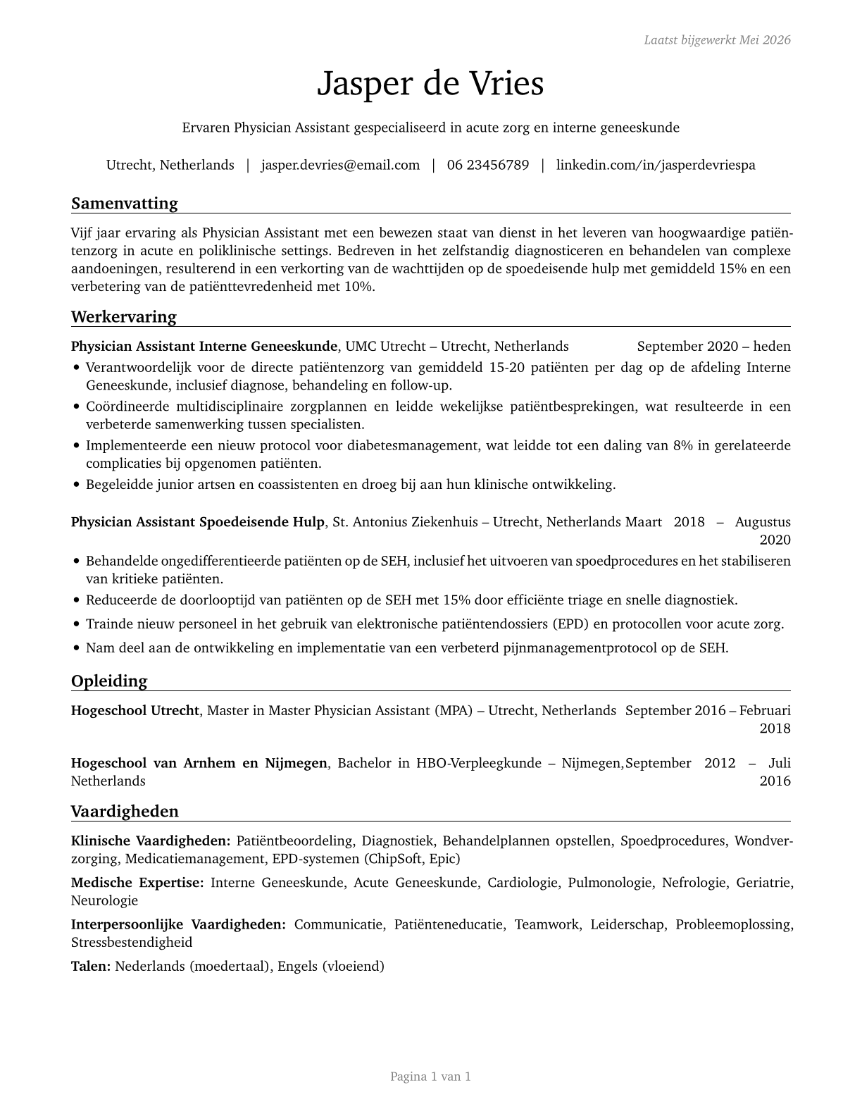 Physician Assistants CV in Dutch — page 1
