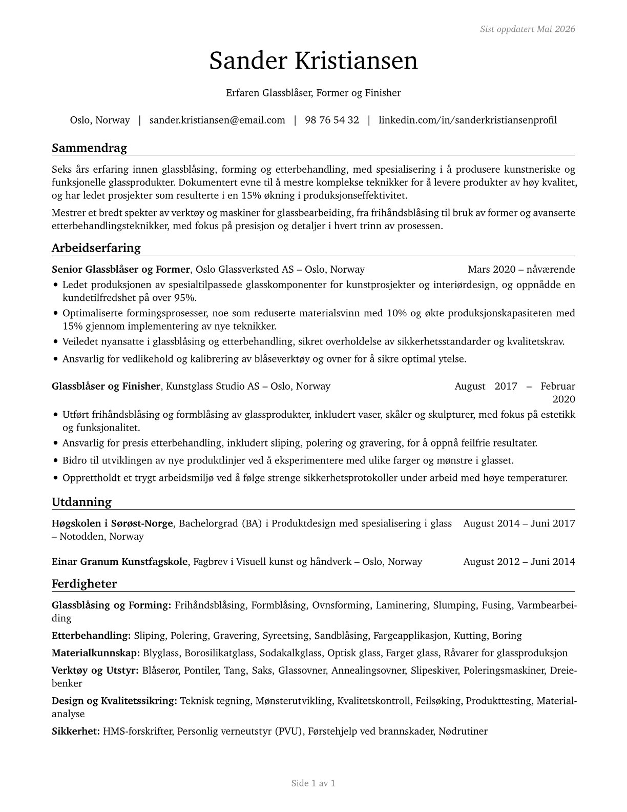 Glass Blowers, Molders, Benders, and Finishers CV in Norwegian_bokmal — page 1