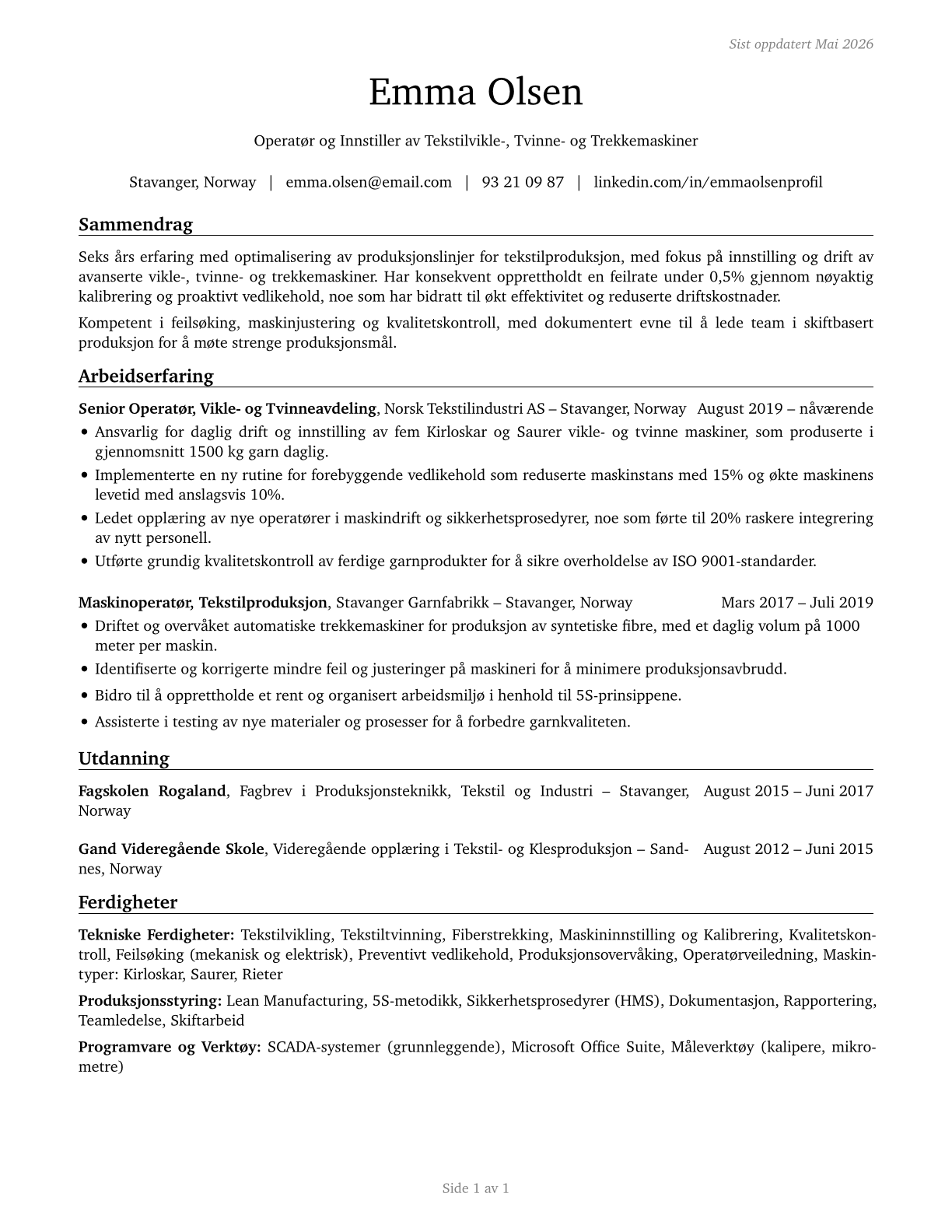 Textile Winding, Twisting, and Drawing Out Machine Setters, Operators, and Tenders CV in Norwegian_bokmal — page 1