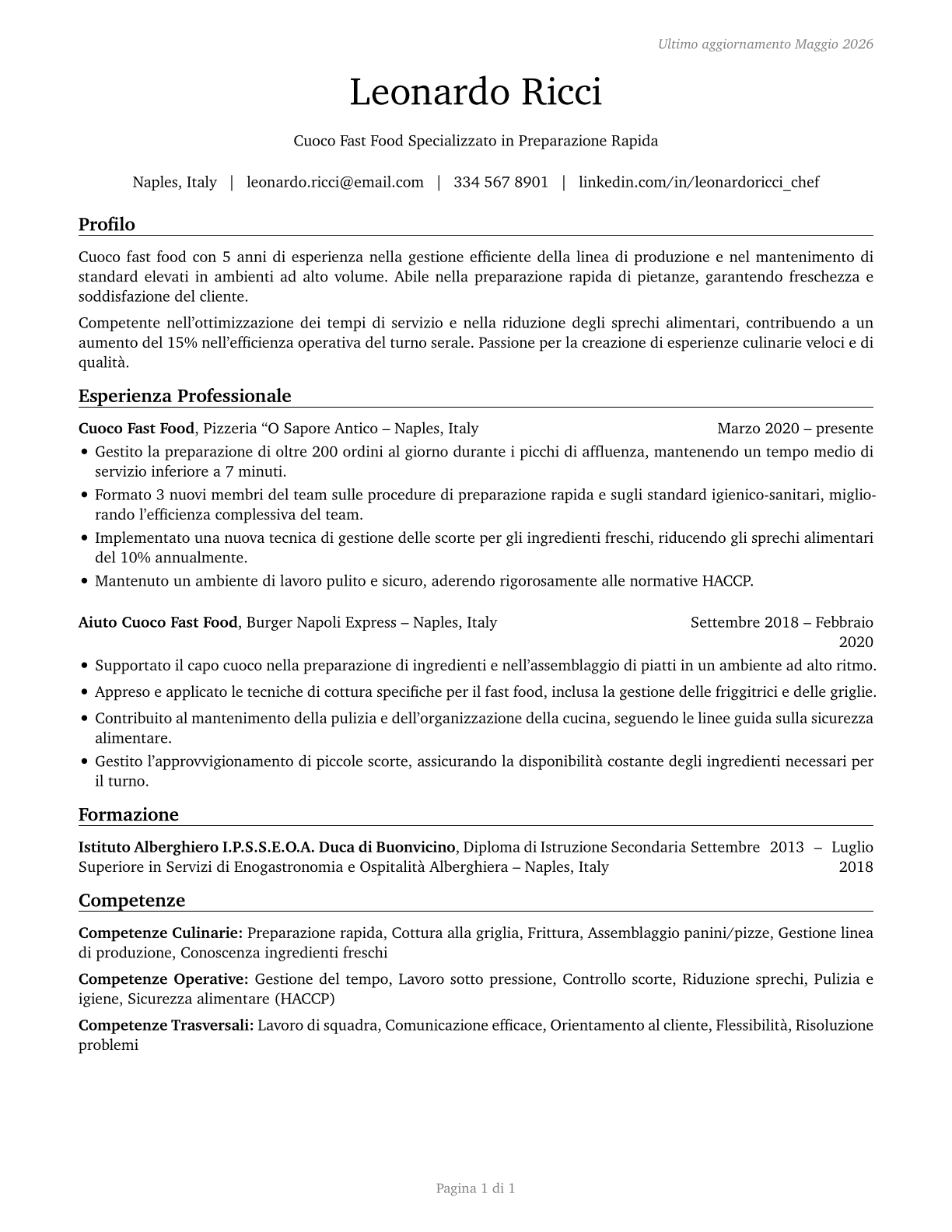 Cooks, Fast Food CV in Italian — page 1
