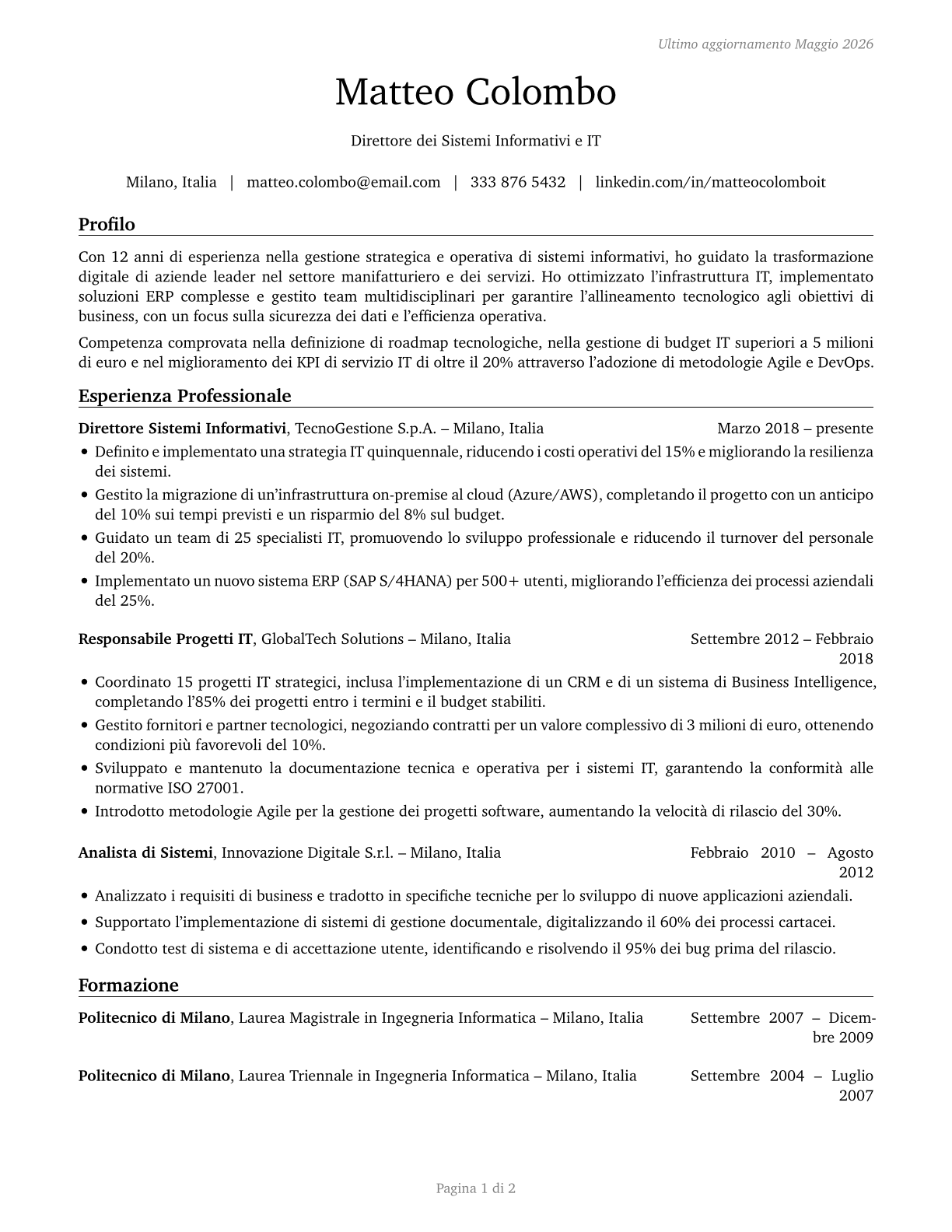 Computer and Information Systems Managers CV in Italian — page 1