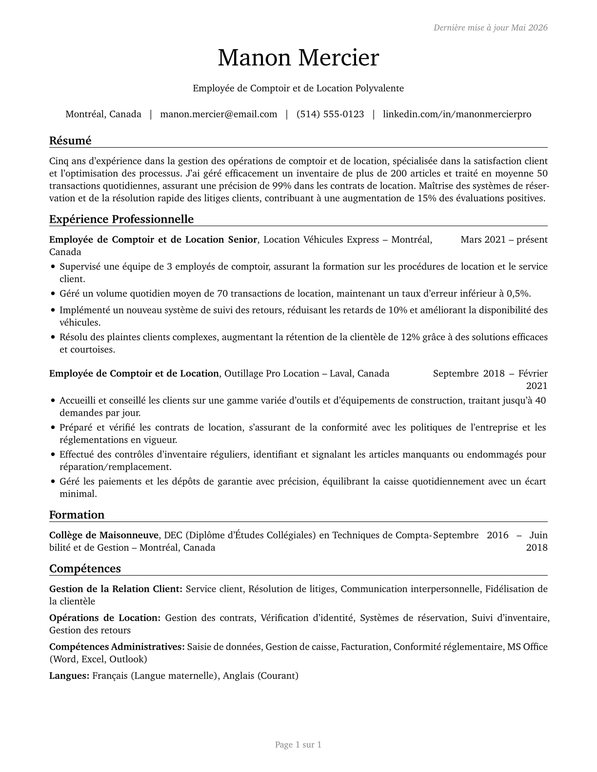 Counter and Rental Clerks CV in French — page 1