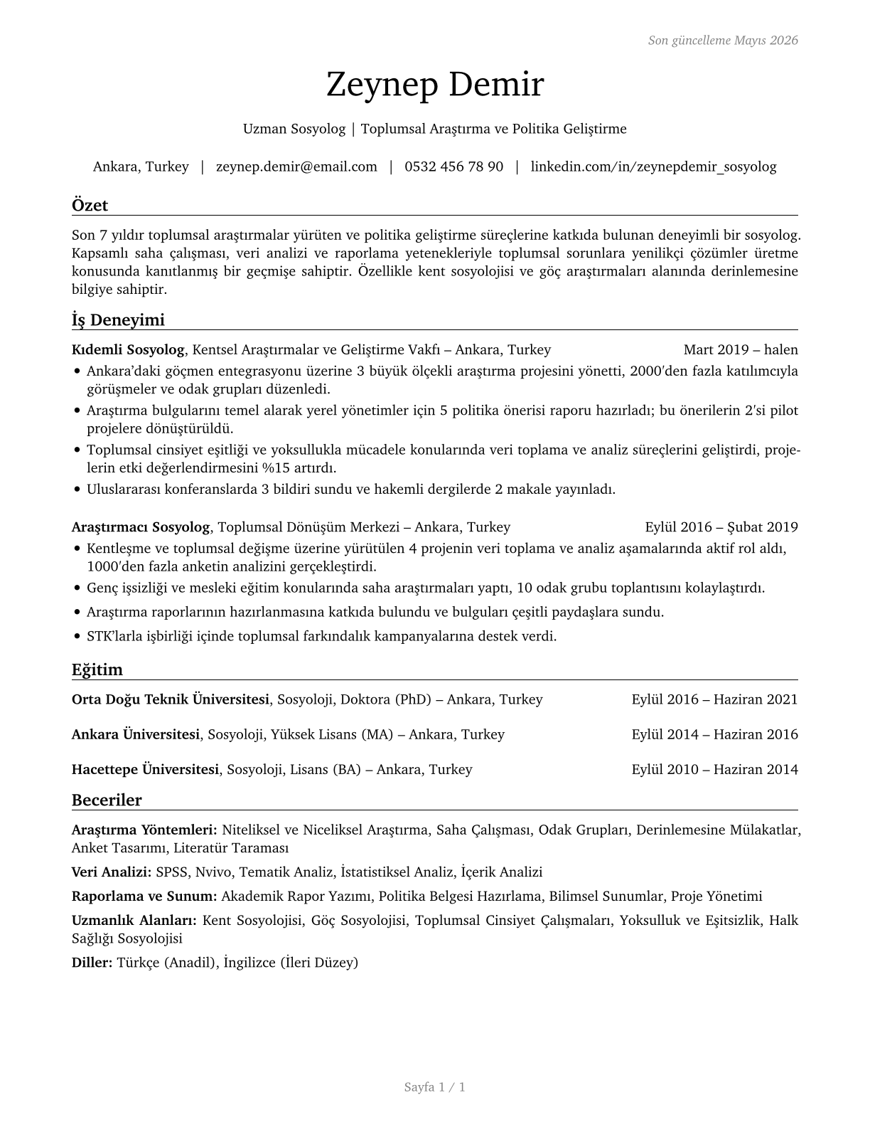 Sociologists CV in Turkish — page 1