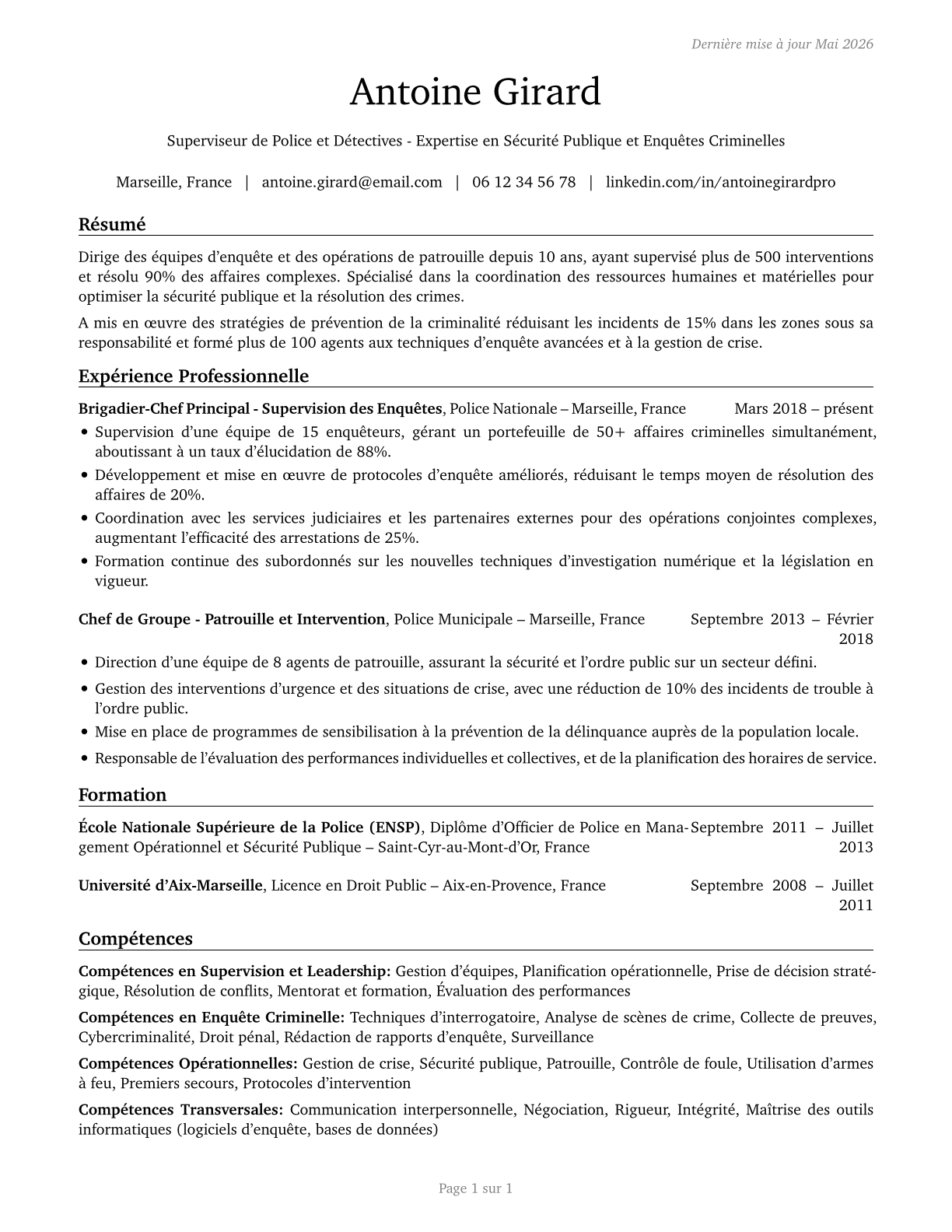 First-Line Supervisors of Police and Detectives CV in French — page 1