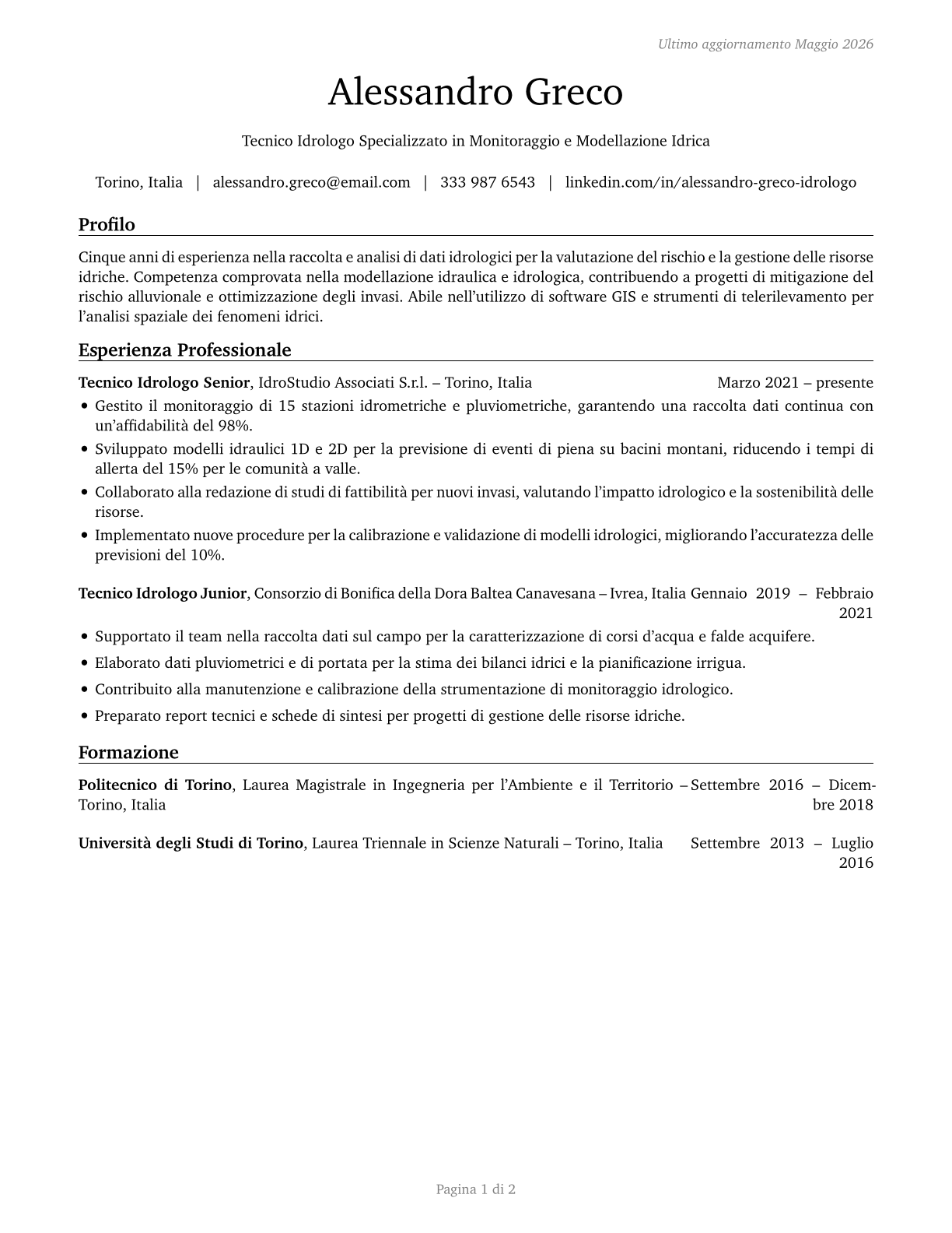 Hydrologic Technicians CV in Italian — page 1