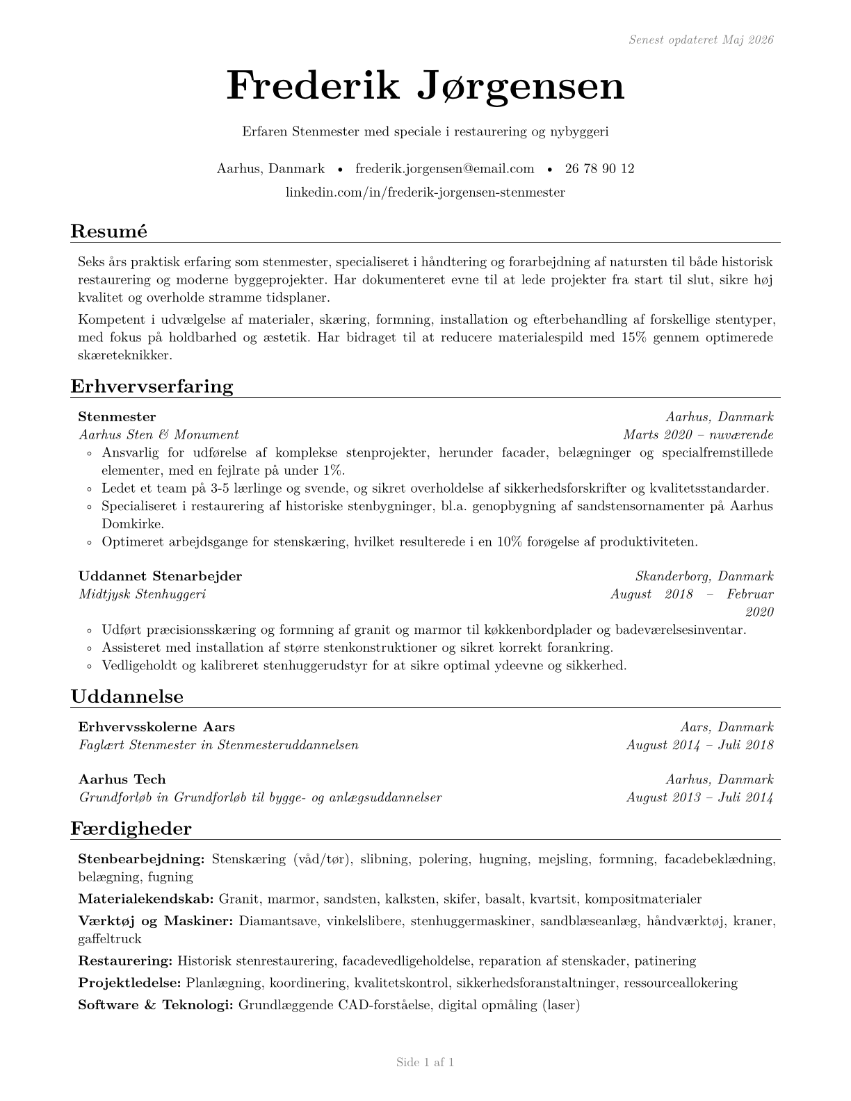 Stonemasons CV in Danish — page 1