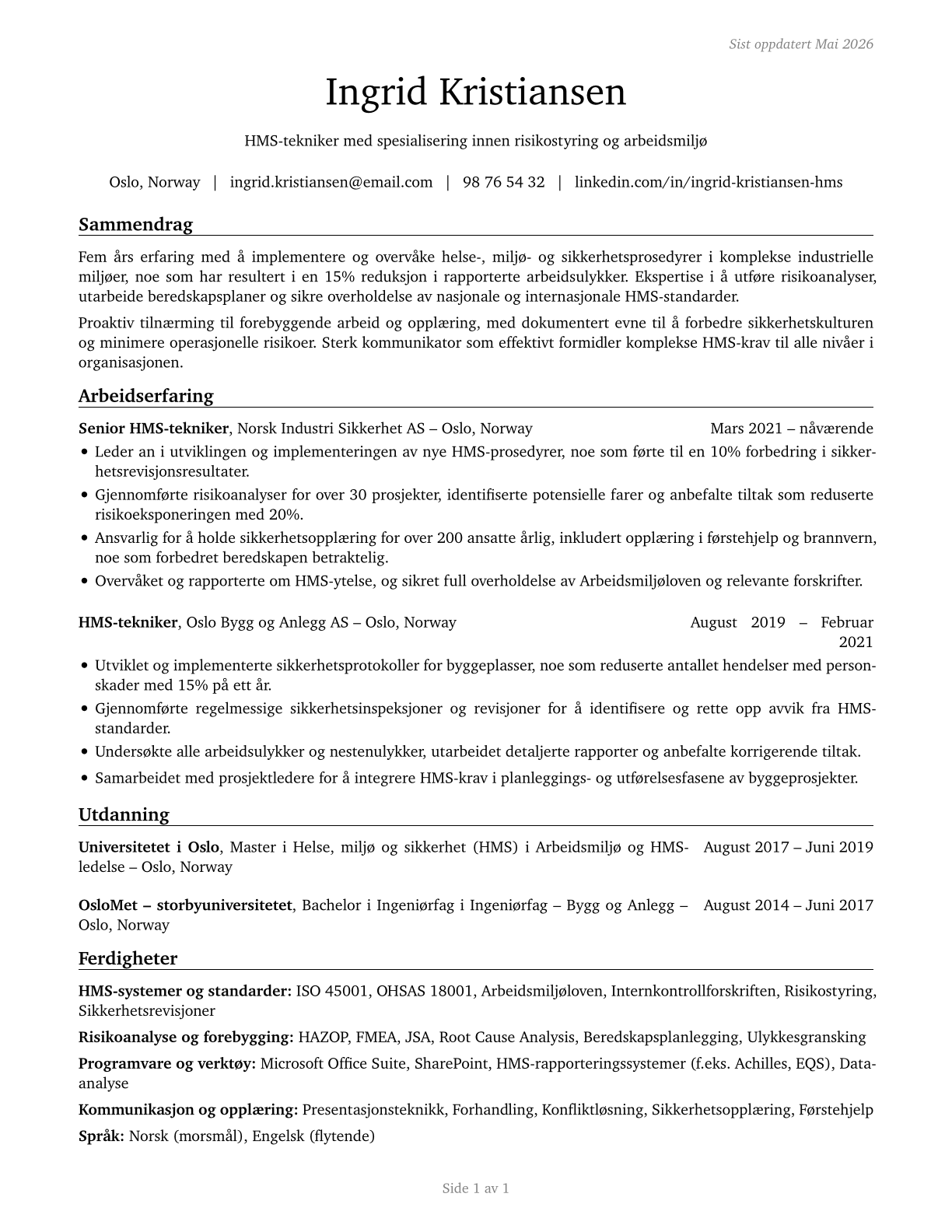 Occupational Health and Safety Technicians CV in Norwegian_bokmal — page 1
