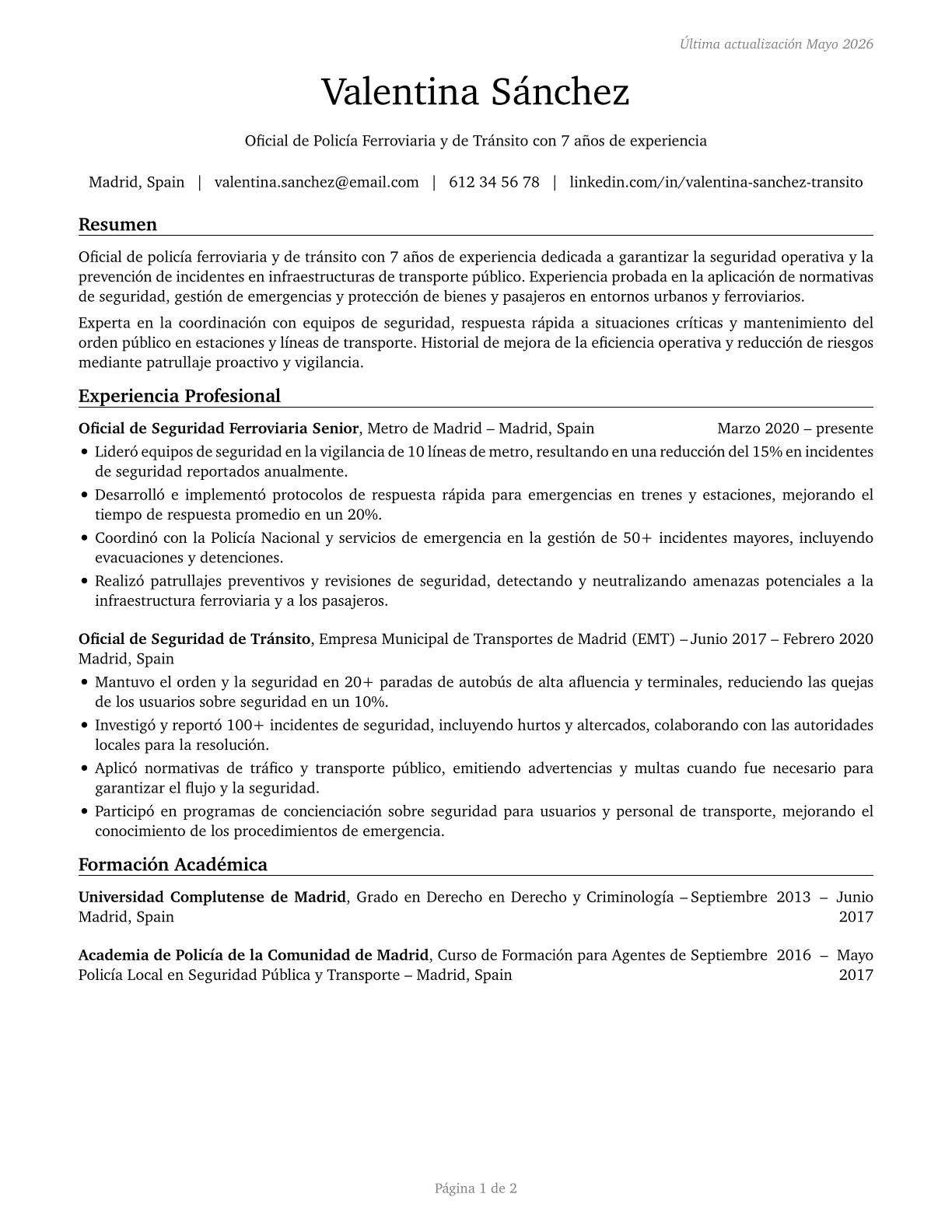 Transit and Railroad Police CV in Spanish — page 1