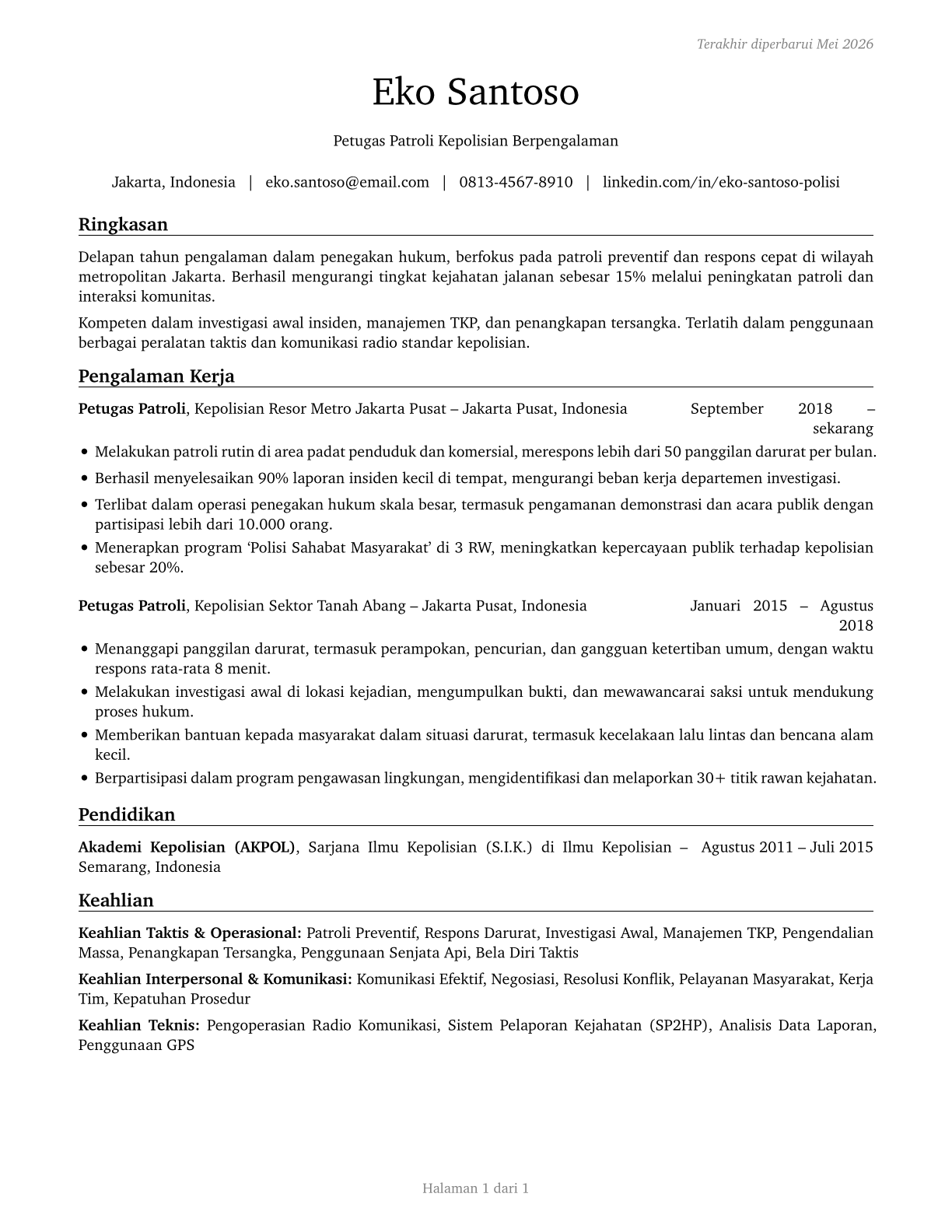 Police and Sheriff's Patrol Officers CV in Indonesian — page 1
