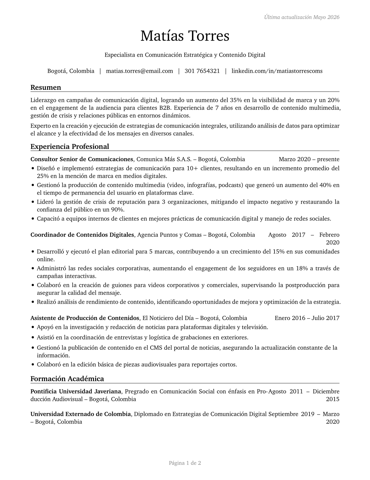 Media and Communication Workers, All Other CV in Spanish — page 1