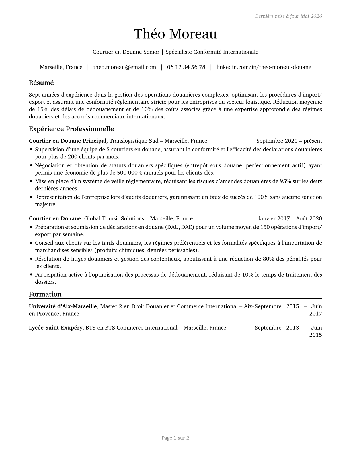 Customs Brokers CV in French — page 1
