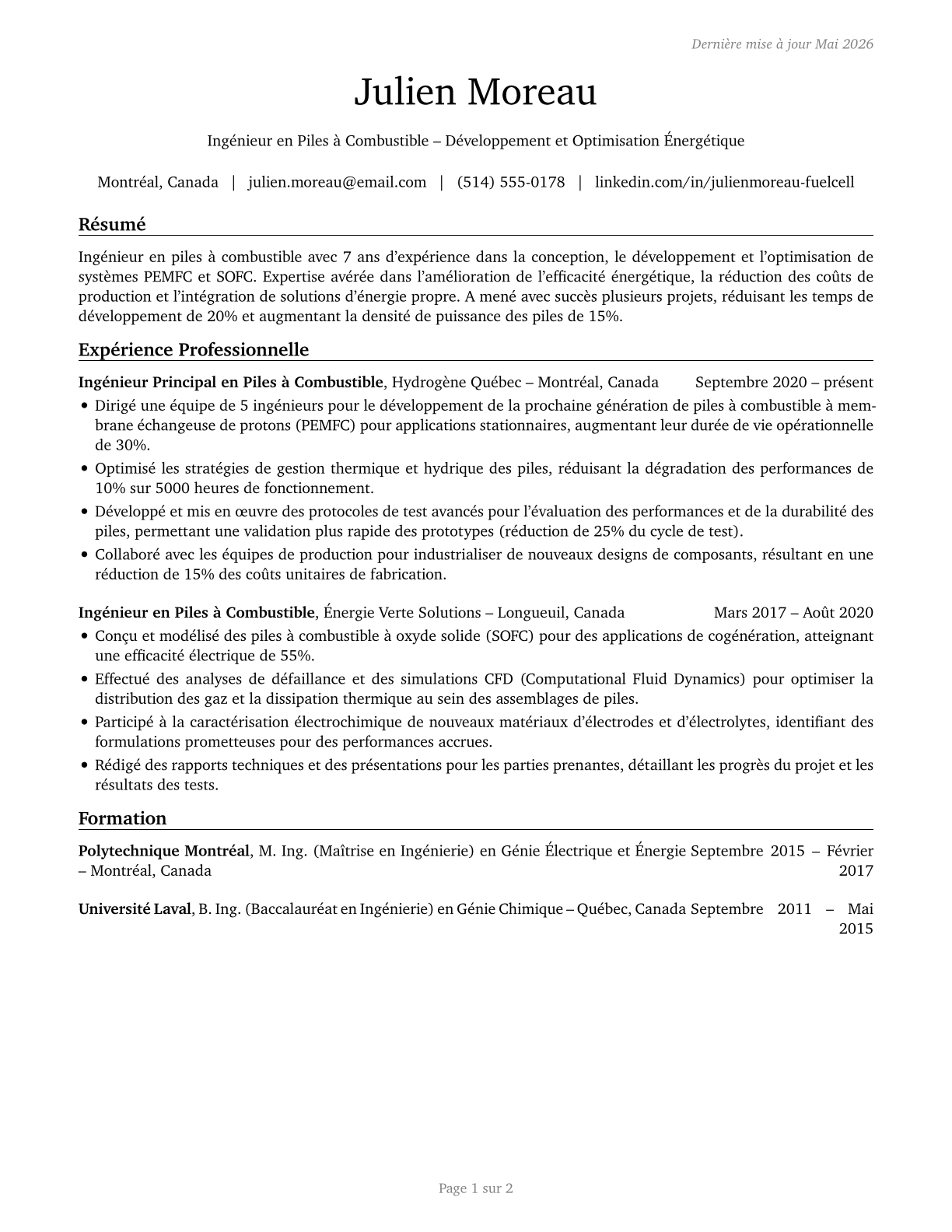 Fuel Cell Engineers CV in French — page 1