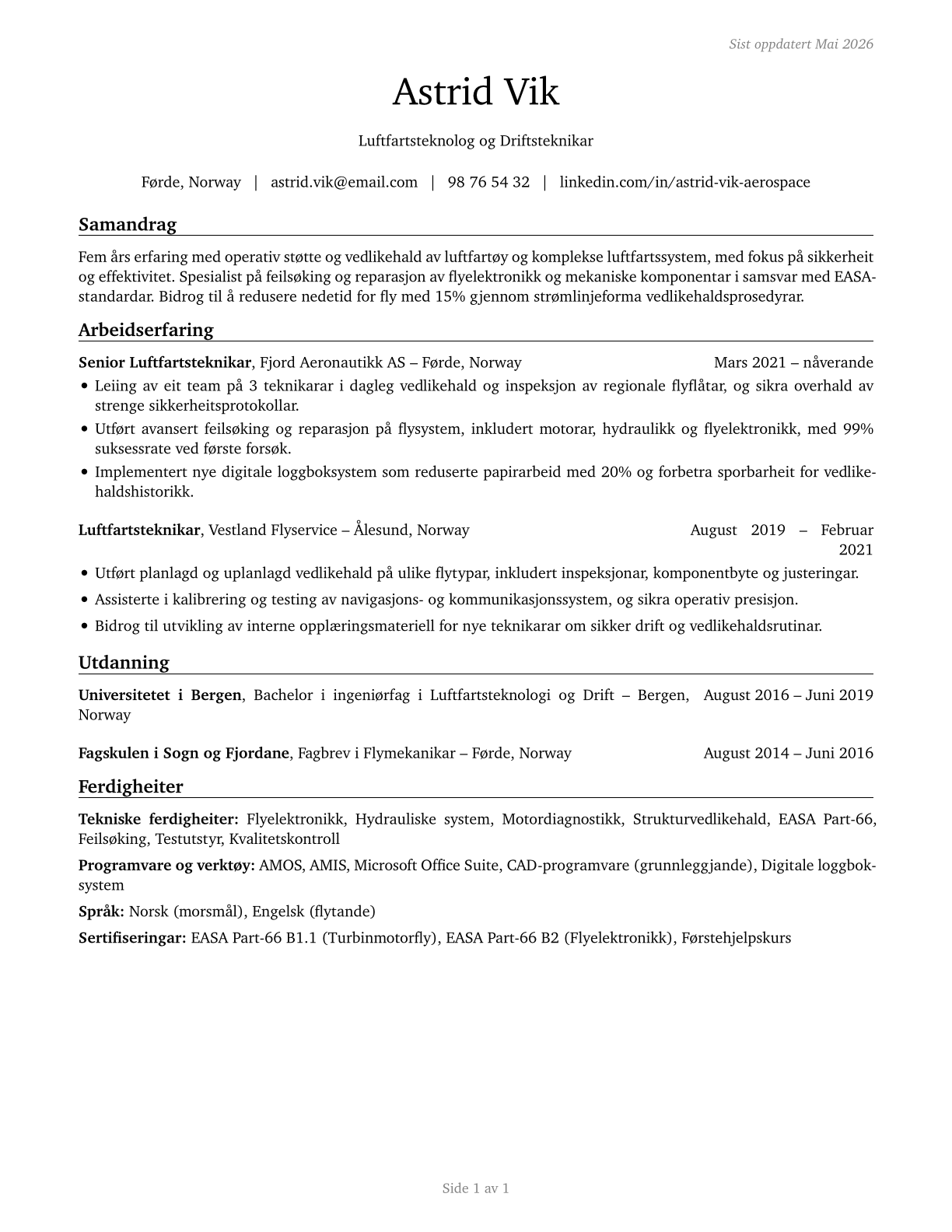 Aerospace Engineering and Operations Technologists and Technicians CV in Norwegian_nynorsk — page 1