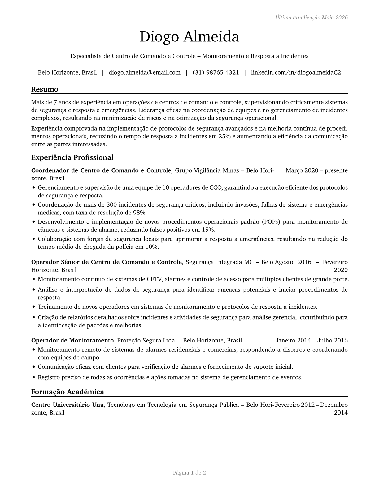 Command and Control Center Specialists CV in Portuguese — page 1
