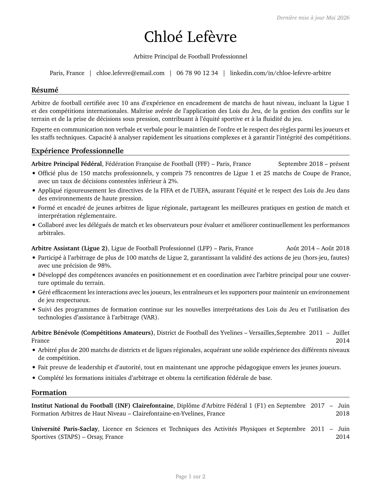 Umpires, Referees, and Other Sports Officials CV in French — page 1