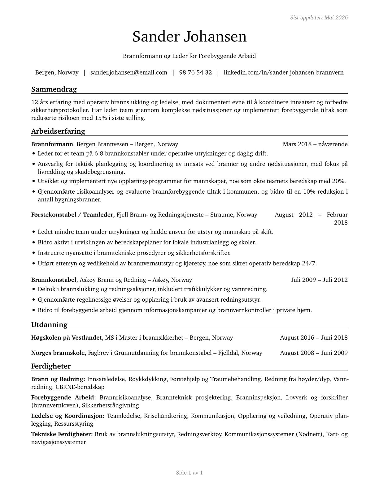 First-Line Supervisors of Firefighting and Prevention Workers CV in Norwegian_bokmal — page 1