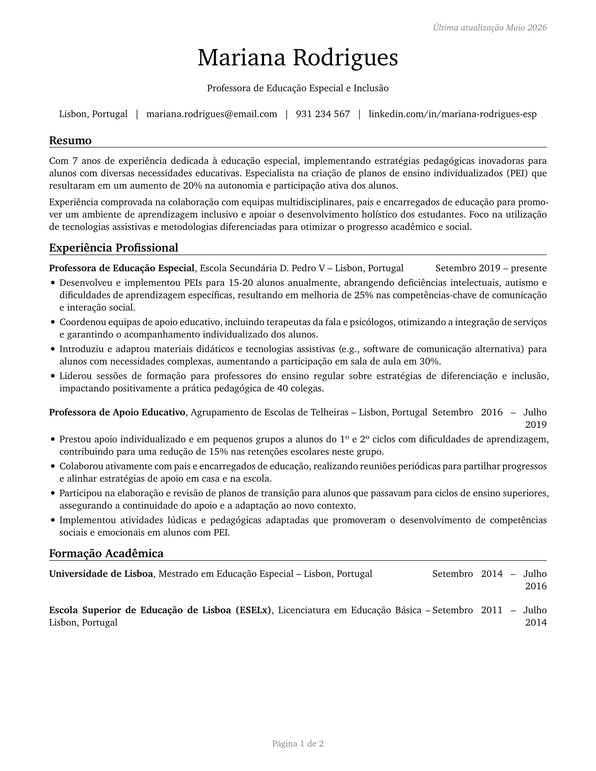 Special Education Teachers, All Other CV in Portuguese — page 1