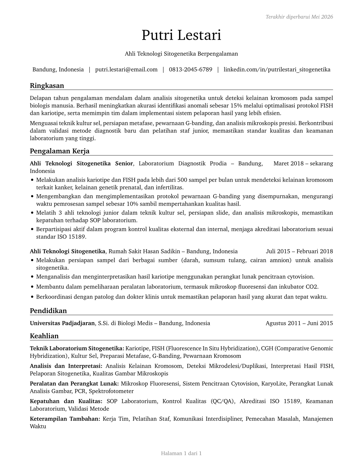 Cytogenetic Technologists CV in Indonesian — page 1