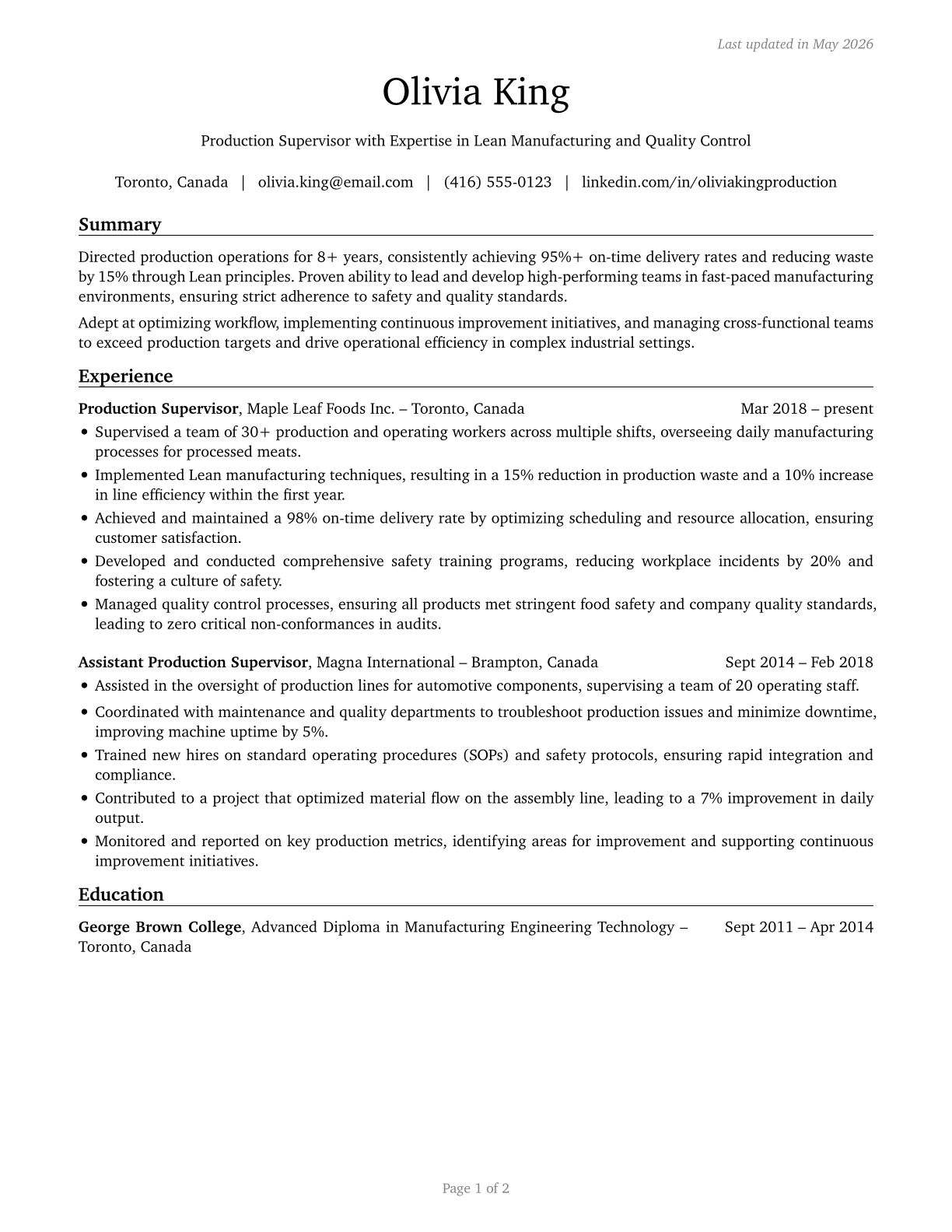 First-Line Supervisors of Production and Operating Workers CV in English — page 1