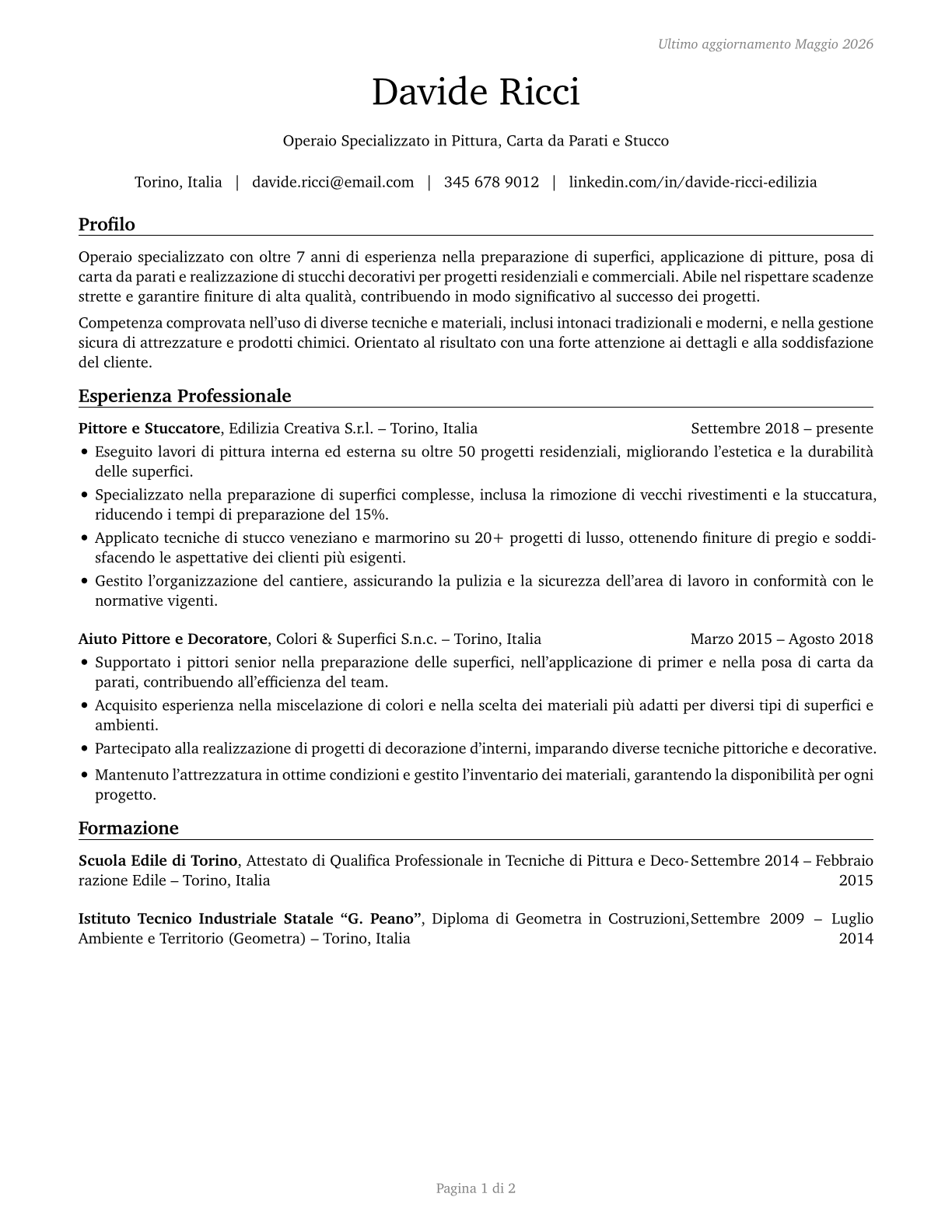 Helpers--Painters, Paperhangers, Plasterers, and Stucco Masons CV in Italian — page 1