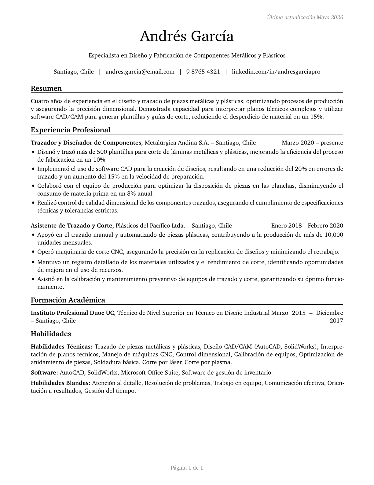 Layout Workers, Metal and Plastic CV in Spanish — page 1