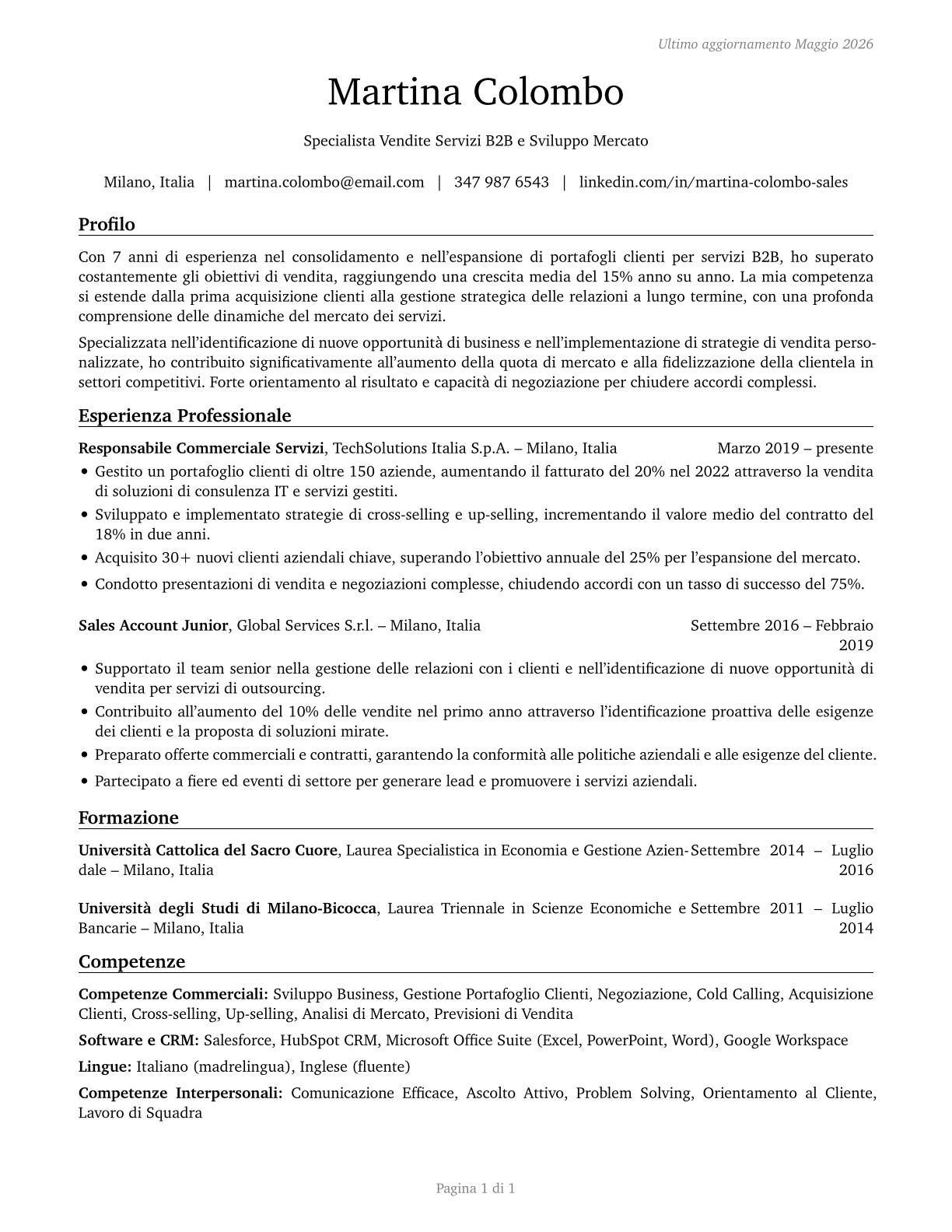 Sales Representatives of Services, Except Advertising, Insurance, Financial Services, and Travel CV in Italian — page 1
