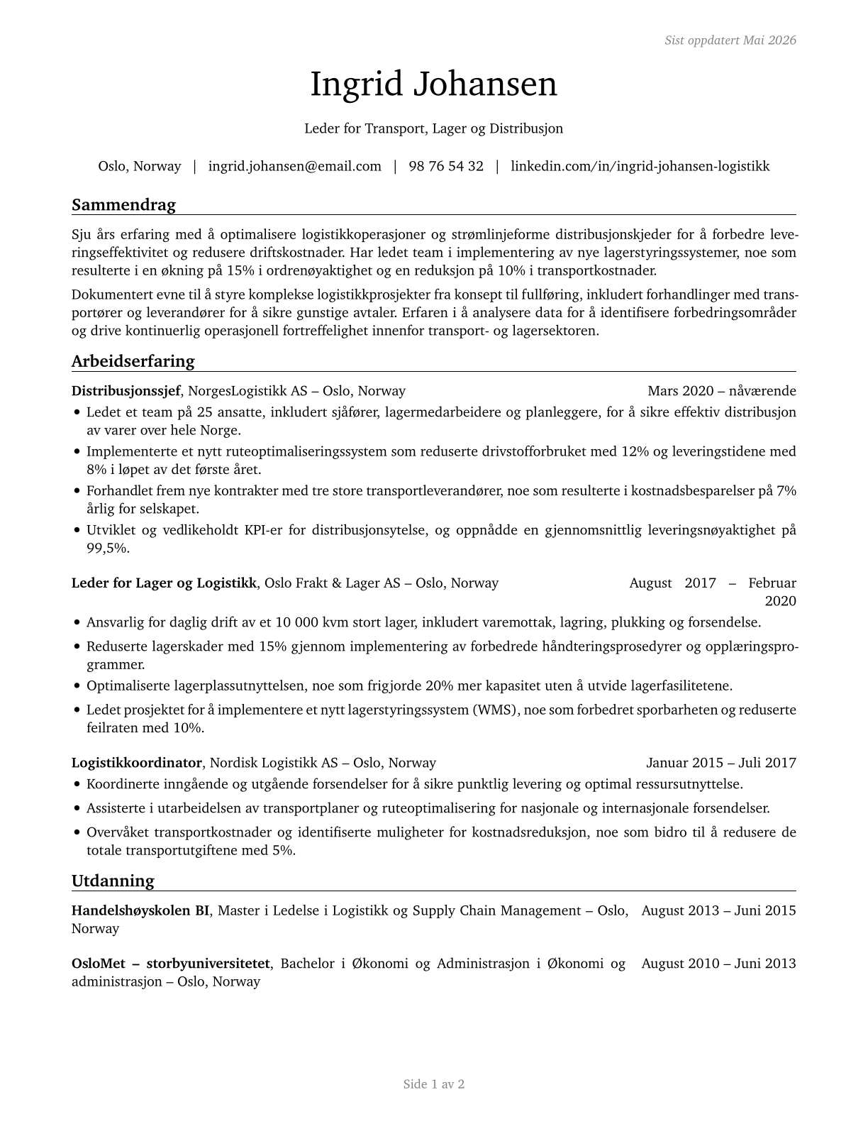Transportation, Storage, and Distribution Managers CV in Norwegian_bokmal — page 1