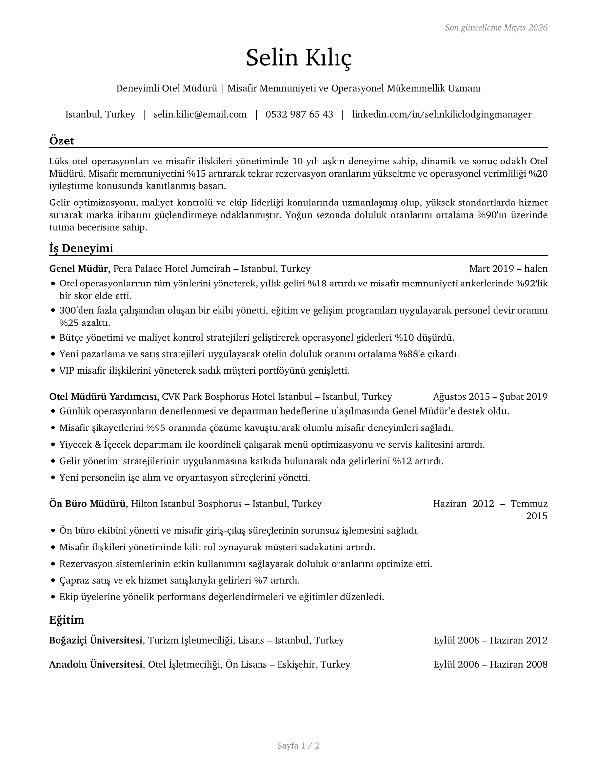 Lodging Managers CV in Turkish — page 1