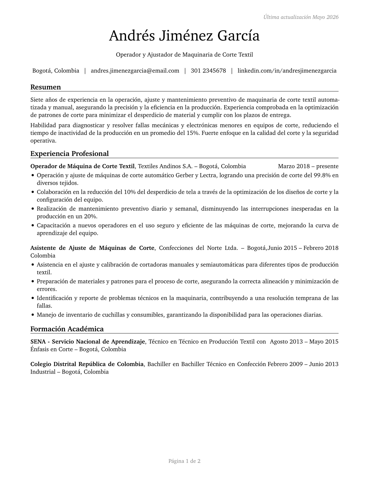 Textile Cutting Machine Setters, Operators, and Tenders CV in Spanish — page 1
