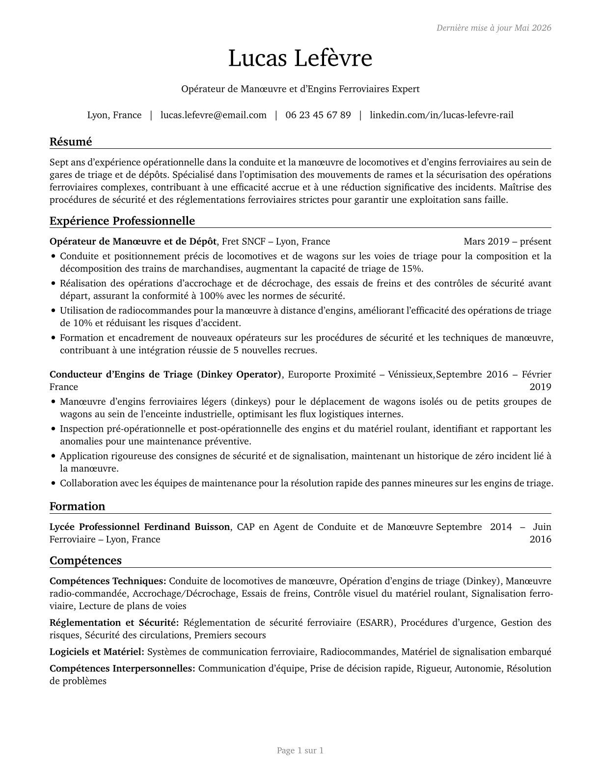 Rail Yard Engineers, Dinkey Operators, and Hostlers CV in French — page 1