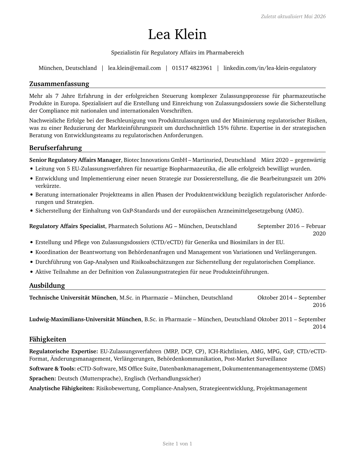 Regulatory Affairs Specialists CV in German — page 1