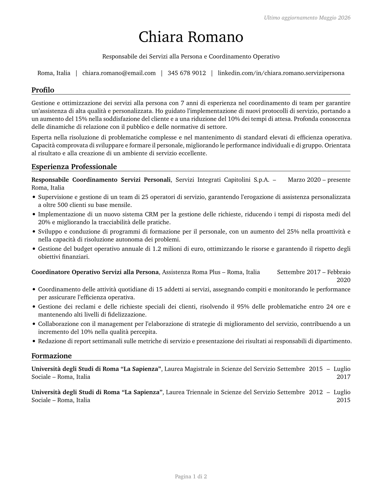 Personal Service Managers, All Other CV in Italian — page 1