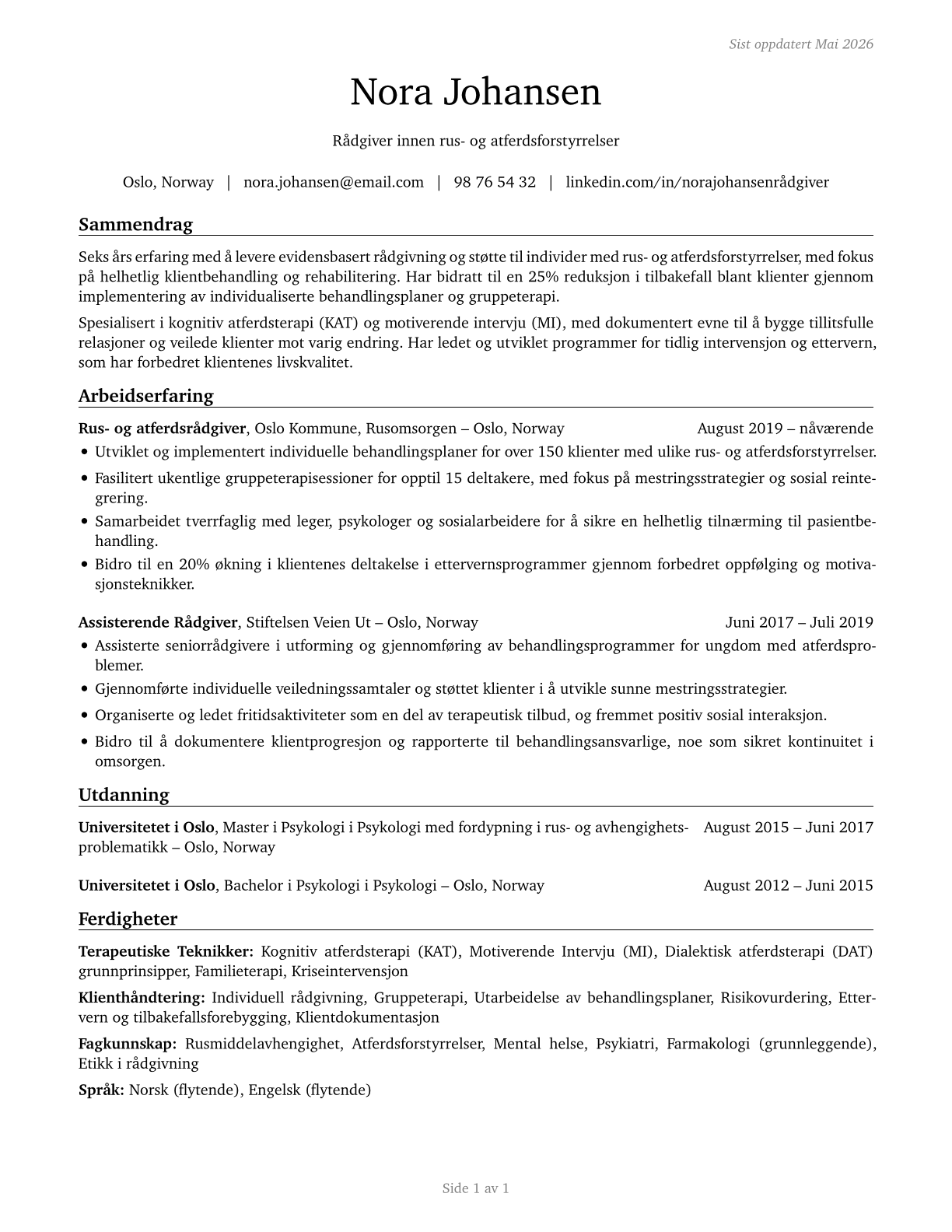 Substance Abuse and Behavioral Disorder Counselors CV in Norwegian_bokmal — page 1