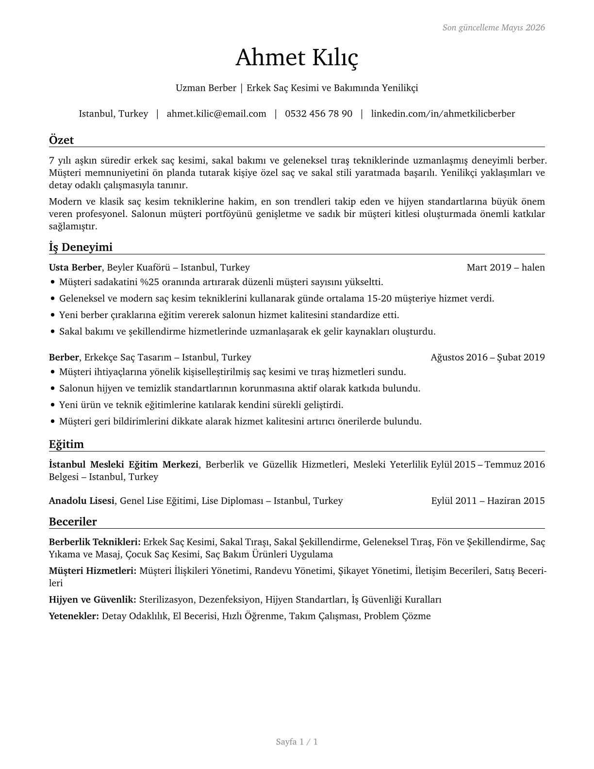 Barbers CV in Turkish — page 1