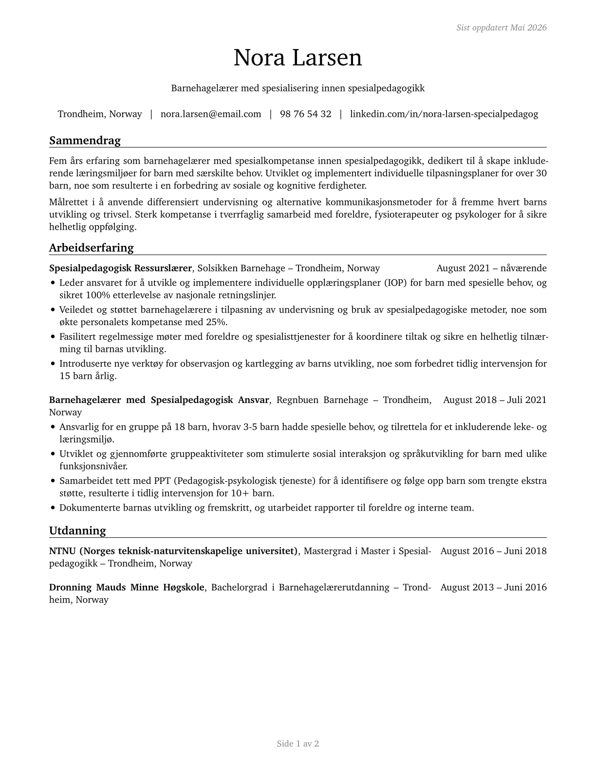 Special Education Teachers, Preschool CV in Norwegian_bokmal — page 1