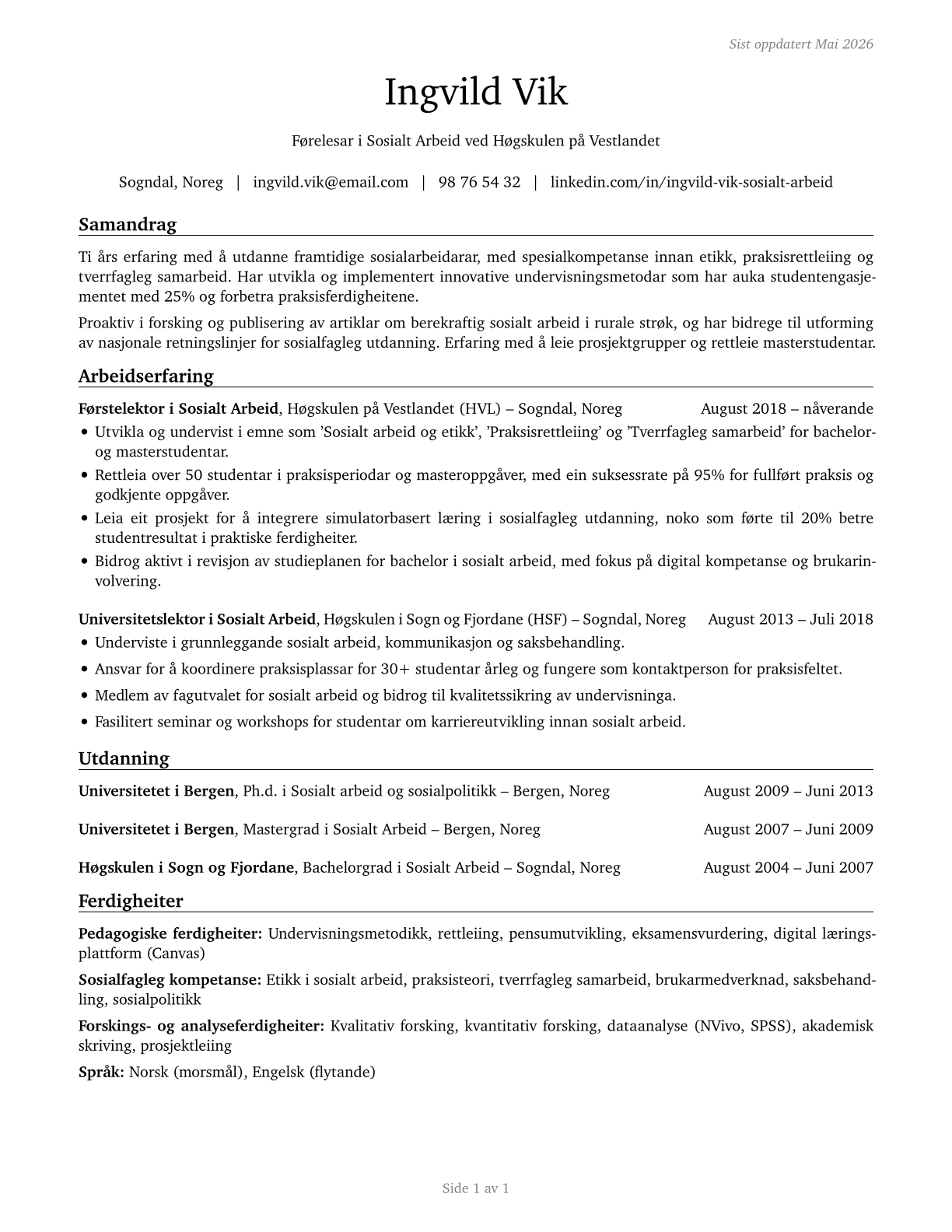 Social Work Teachers, Postsecondary CV in Norwegian_nynorsk — page 1