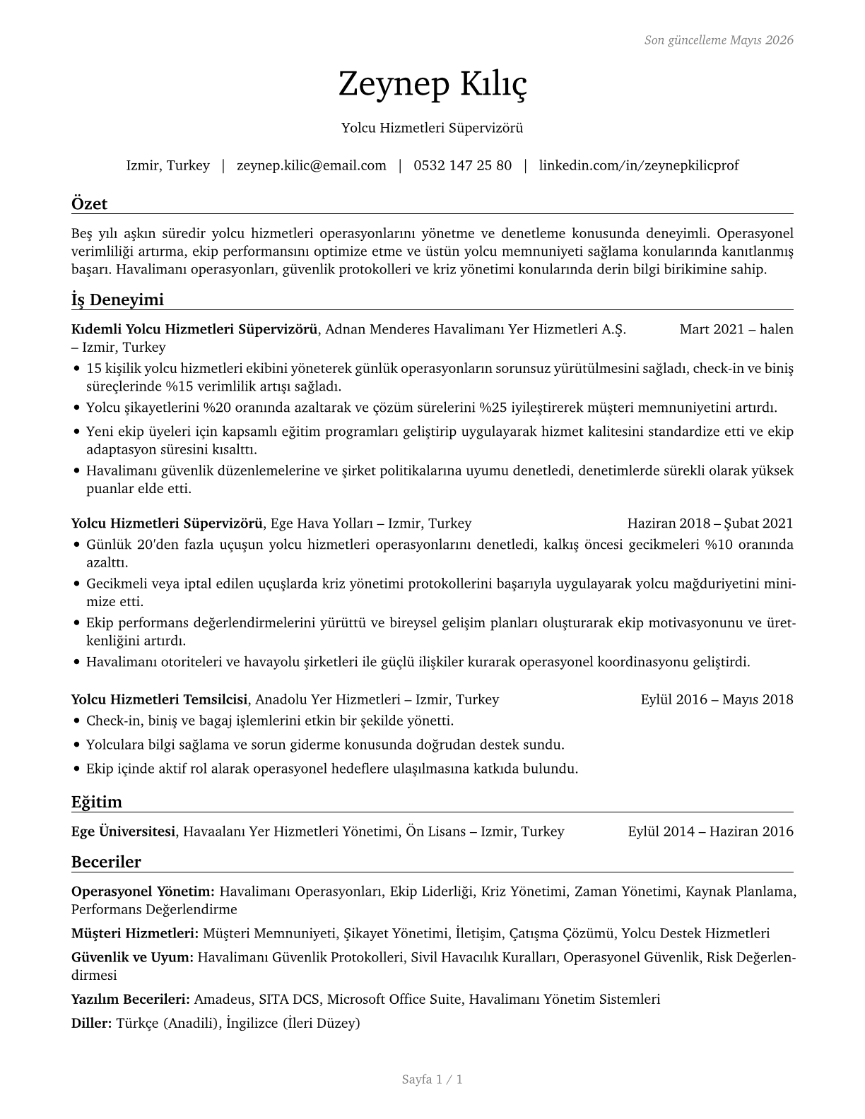 First-Line Supervisors of Passenger Attendants CV in Turkish — page 1