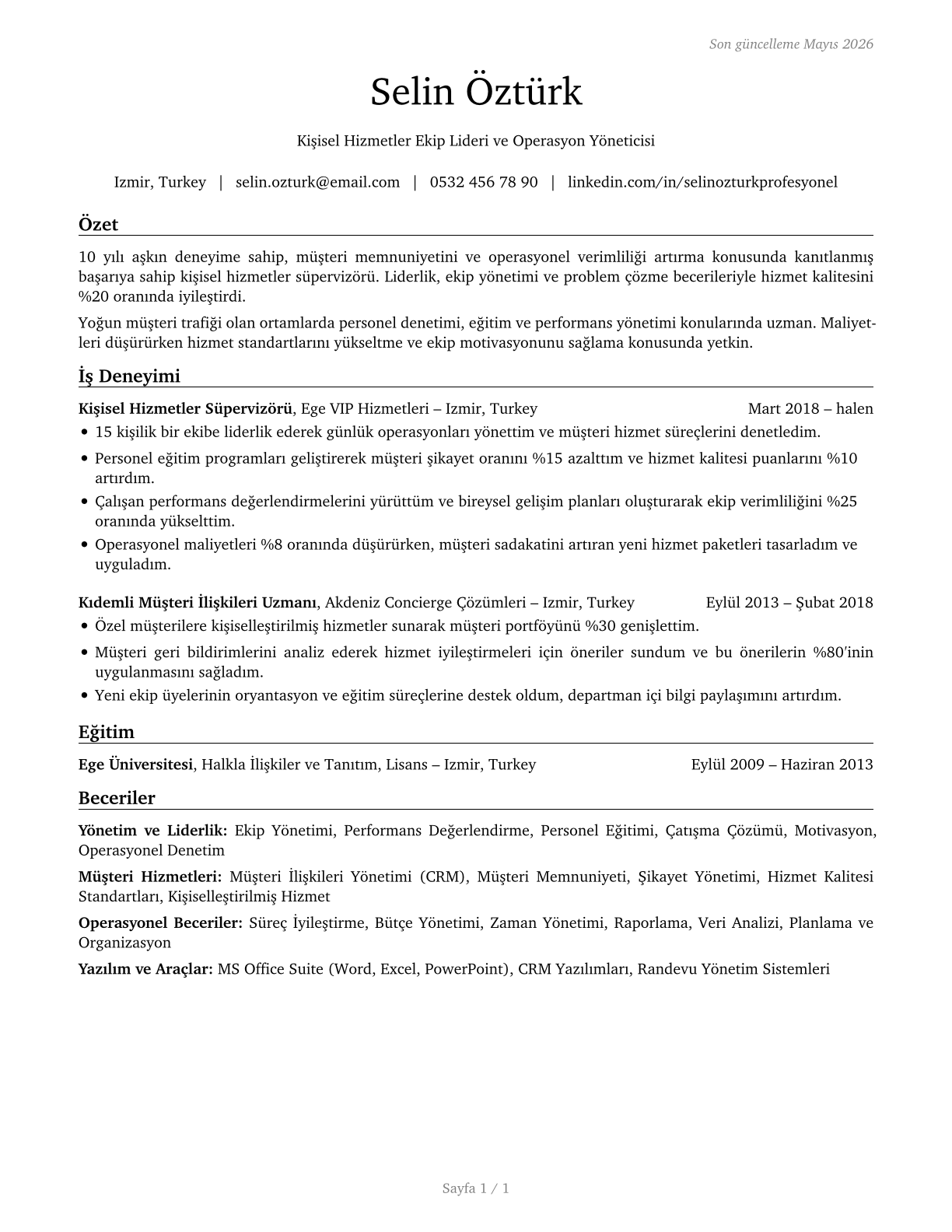 First-Line Supervisors of Personal Service Workers CV in Turkish — page 1