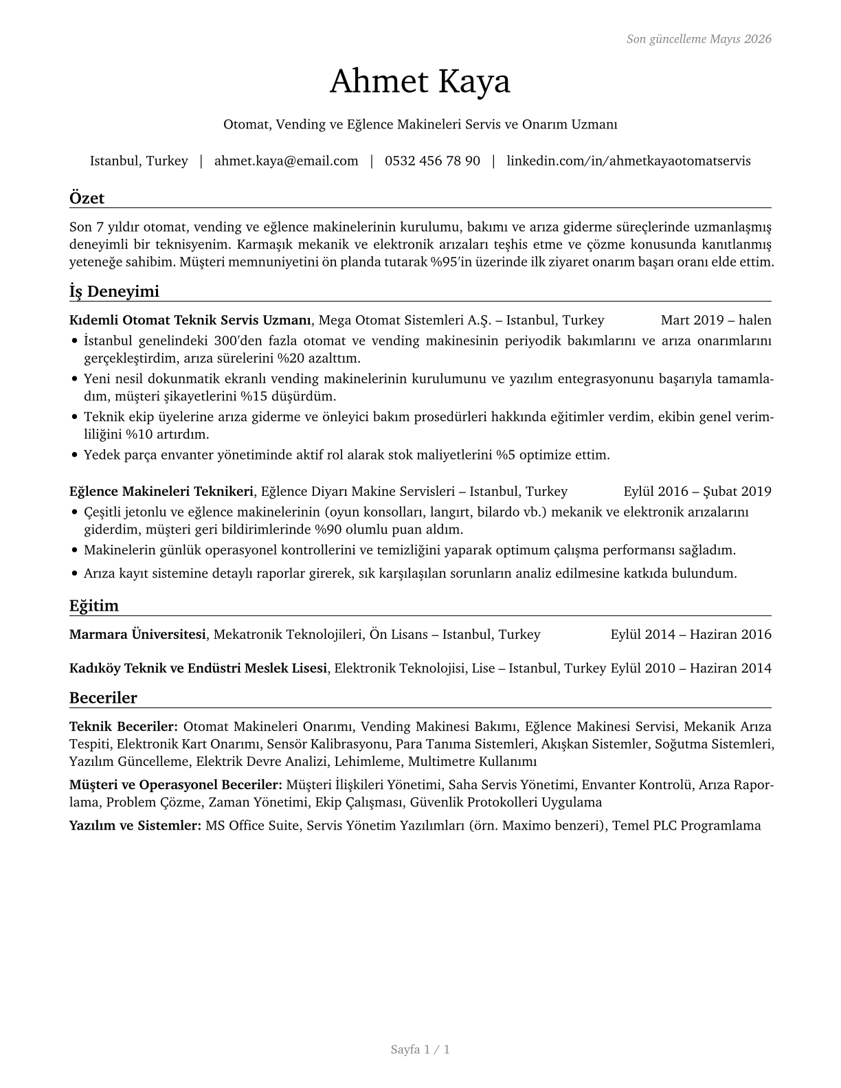 Coin, Vending, and Amusement Machine Servicers and Repairers CV in Turkish — page 1