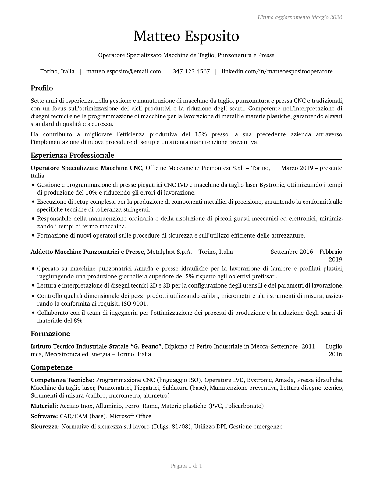 Cutting, Punching, and Press Machine Setters, Operators, and Tenders, Metal and Plastic CV in Italian — page 1
