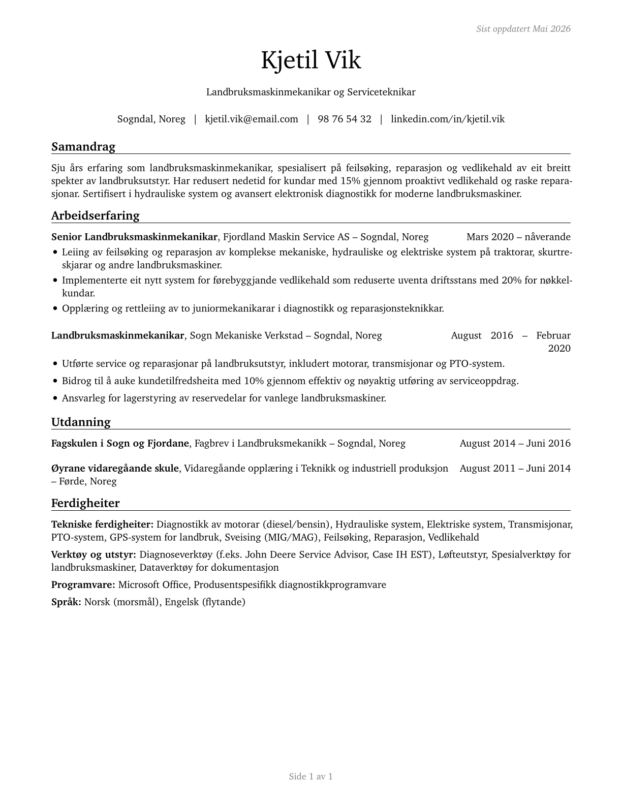 Farm Equipment Mechanics and Service Technicians CV in Norwegian_nynorsk — page 1