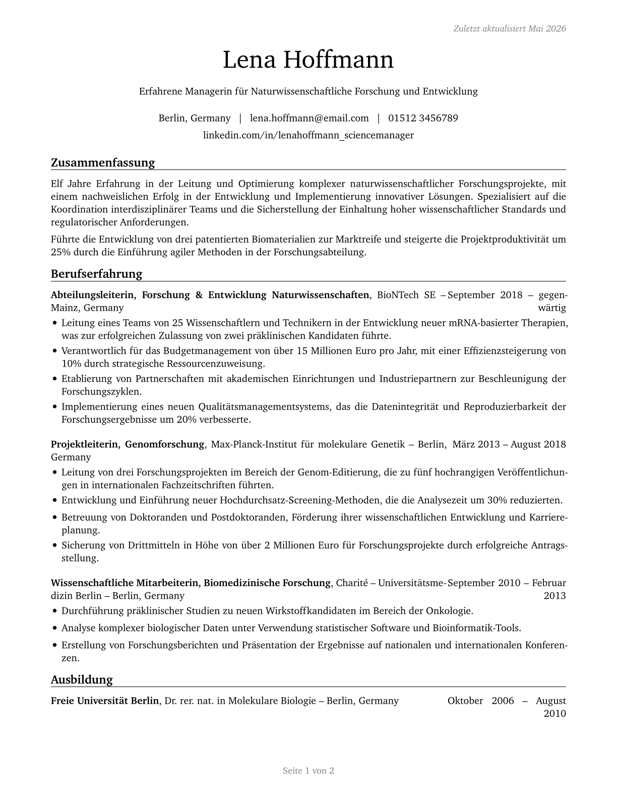 Natural Sciences Managers CV in German — page 1
