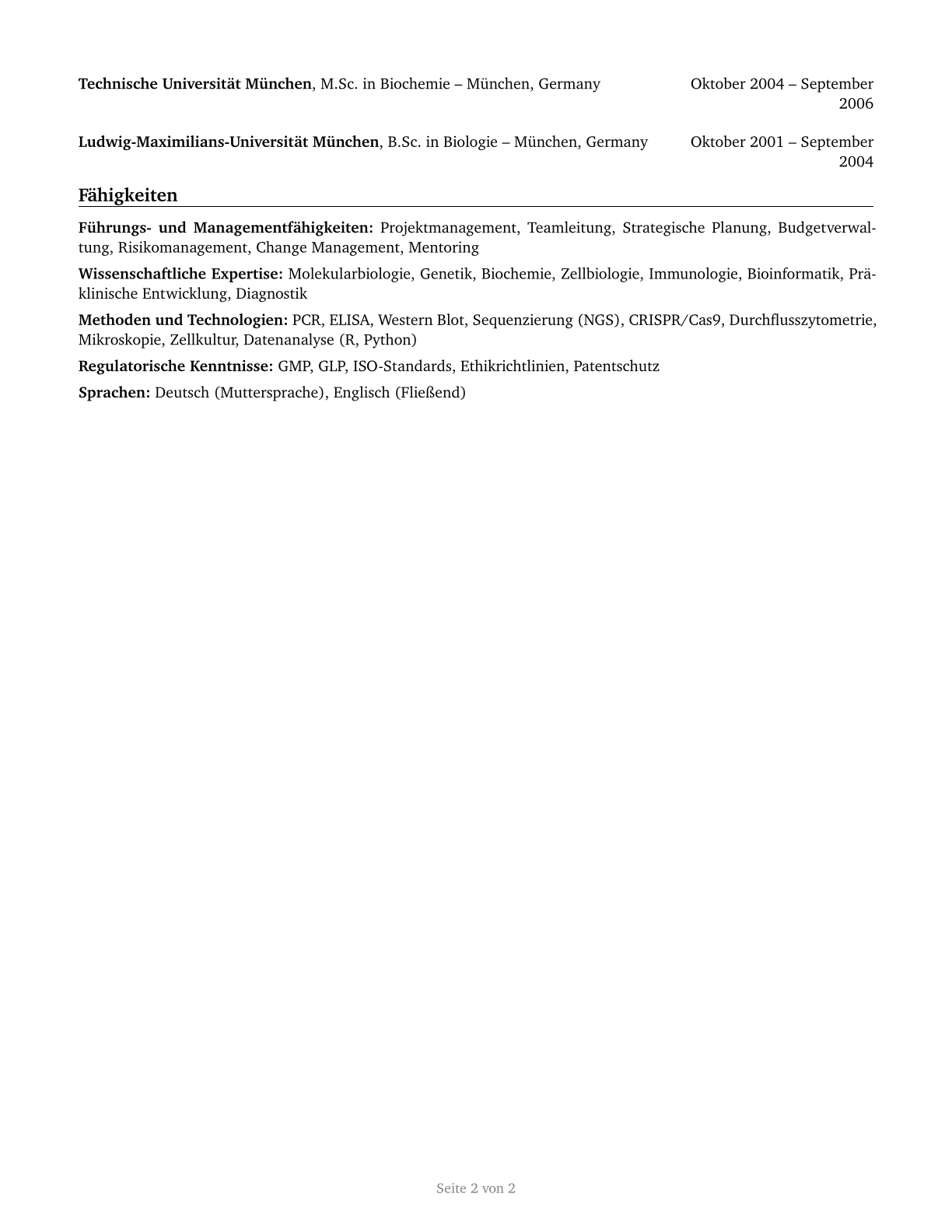 Natural Sciences Managers CV in German — page 2
