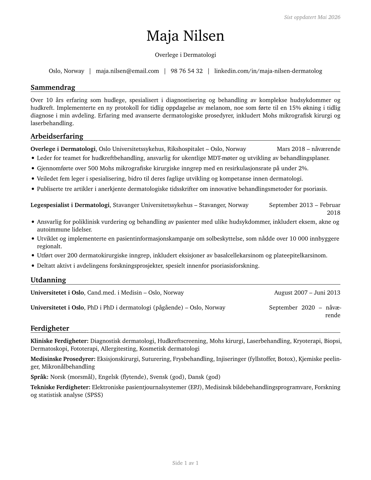 Dermatologists CV in Norwegian_bokmal — page 1